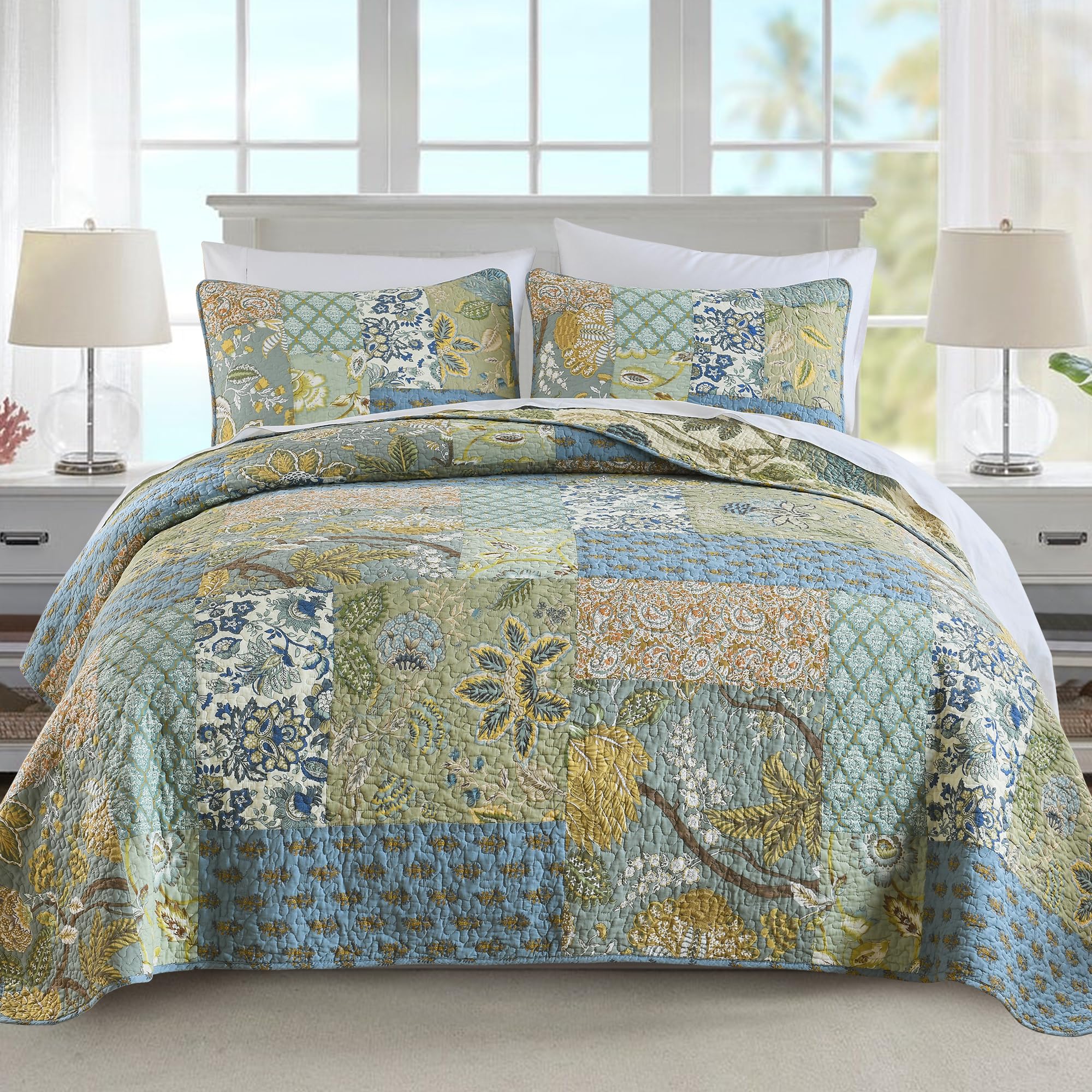 NEWLAKE 100% Cotton Bohemian Patchwork Quilt Set California King Size - Reversible Lightweight Bedspread, Breathable All Seasons Quilted Cover with 2 Pillowcases - Perfect for Master Bedroom, Guest Room & Bohemian Home Decor
