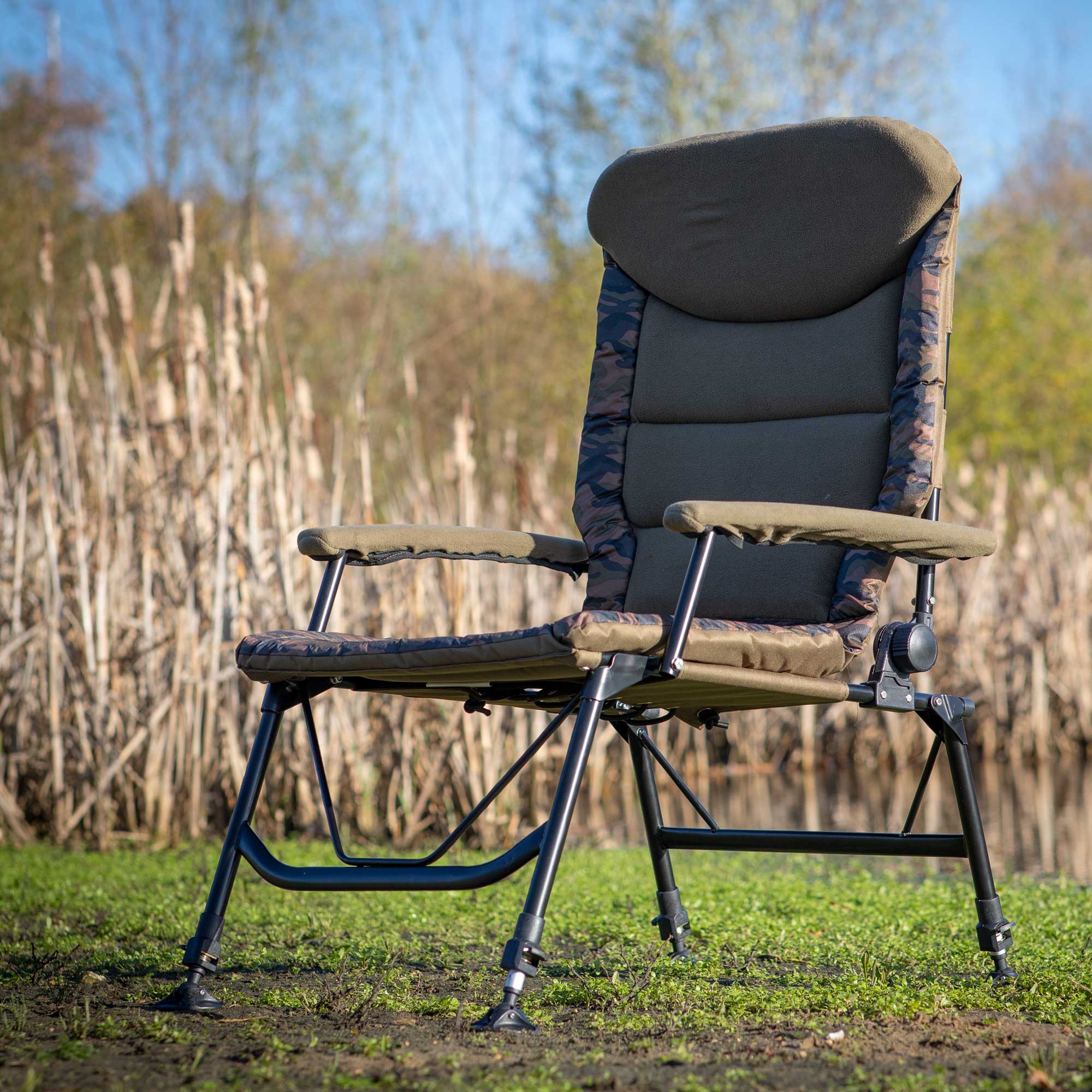 Premium Portable Fishing Chair with Reclining Backrest, Padded Armrests & Adjustable Rotating Feet - DL73 - Perfect for Camping, Beach, Backyard & Outdoor Relaxation