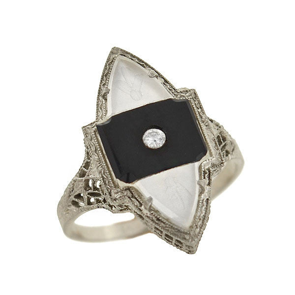 Art Deco 14K Gold Rock Quartz, Onyx & Diamond Filigree Navette Ring - Vintage Jewelry for Weddings, Parties & Special Occasions