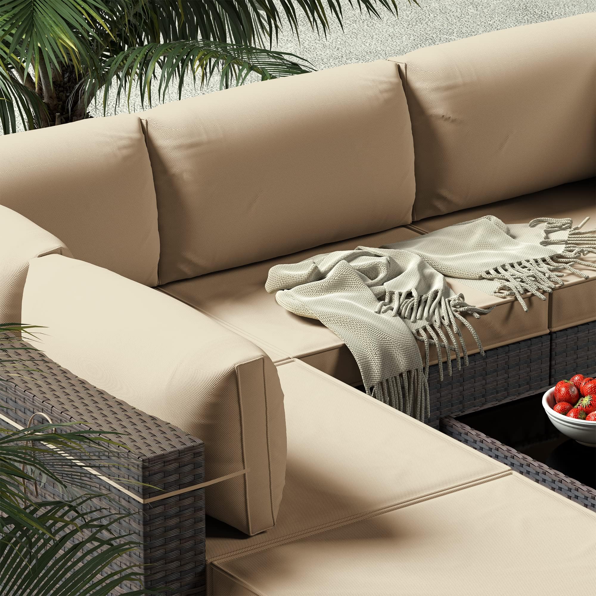 Gotland 7-Piece All-Weather Outdoor Patio Furniture Set - PE Wicker Sectional Sofa with Coffee Table & 6 Thickened Cushions (Khaki) - Perfect for Backyard, Deck, Poolside & Garden Relaxation