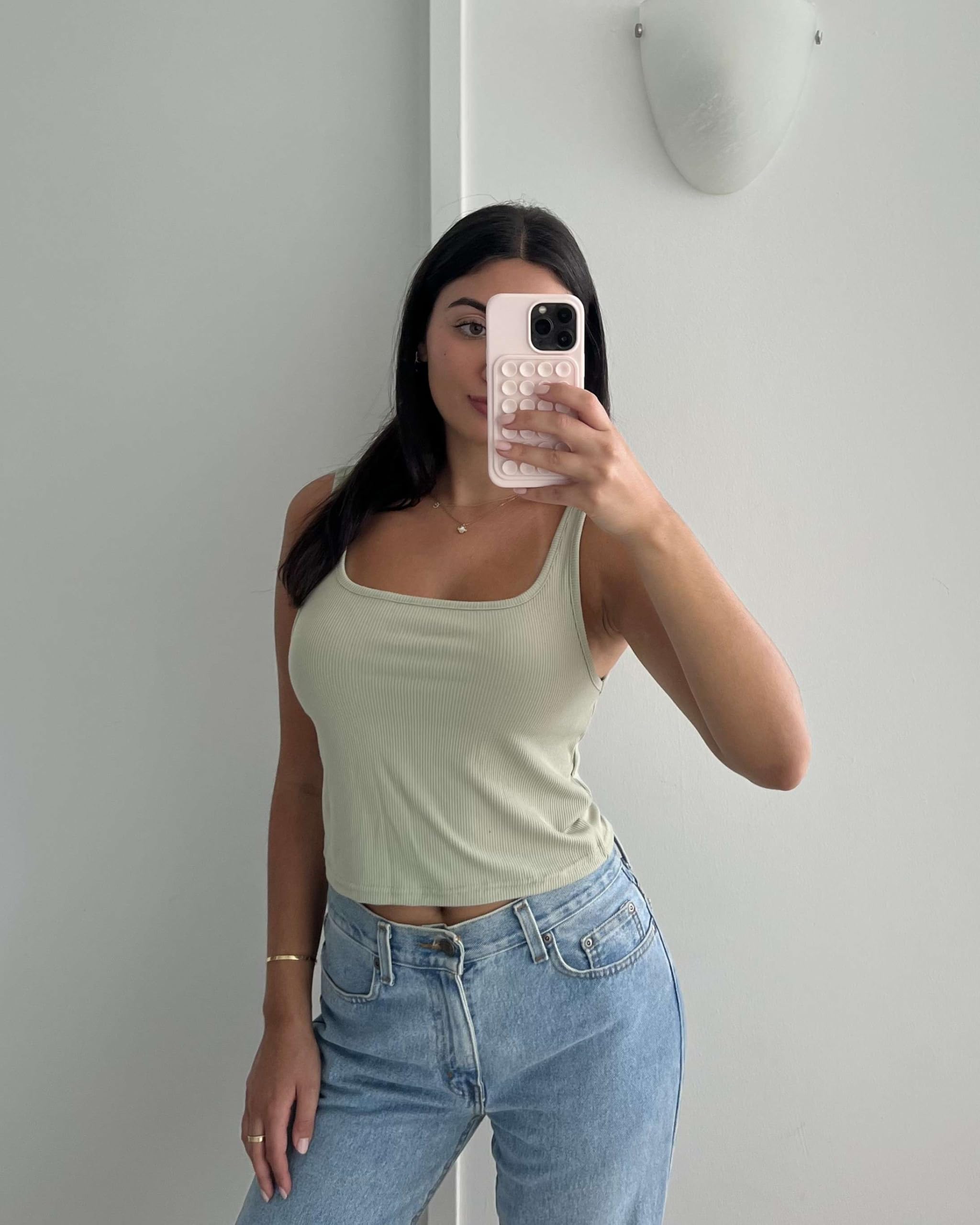Real Essentials 5 Pack Women's Soft Knit Ribbed Square Neck Cropped Tank Tops - Sleeveless Stretchy Casual Tops for Summer, Workout, Layering & Everyday Wear