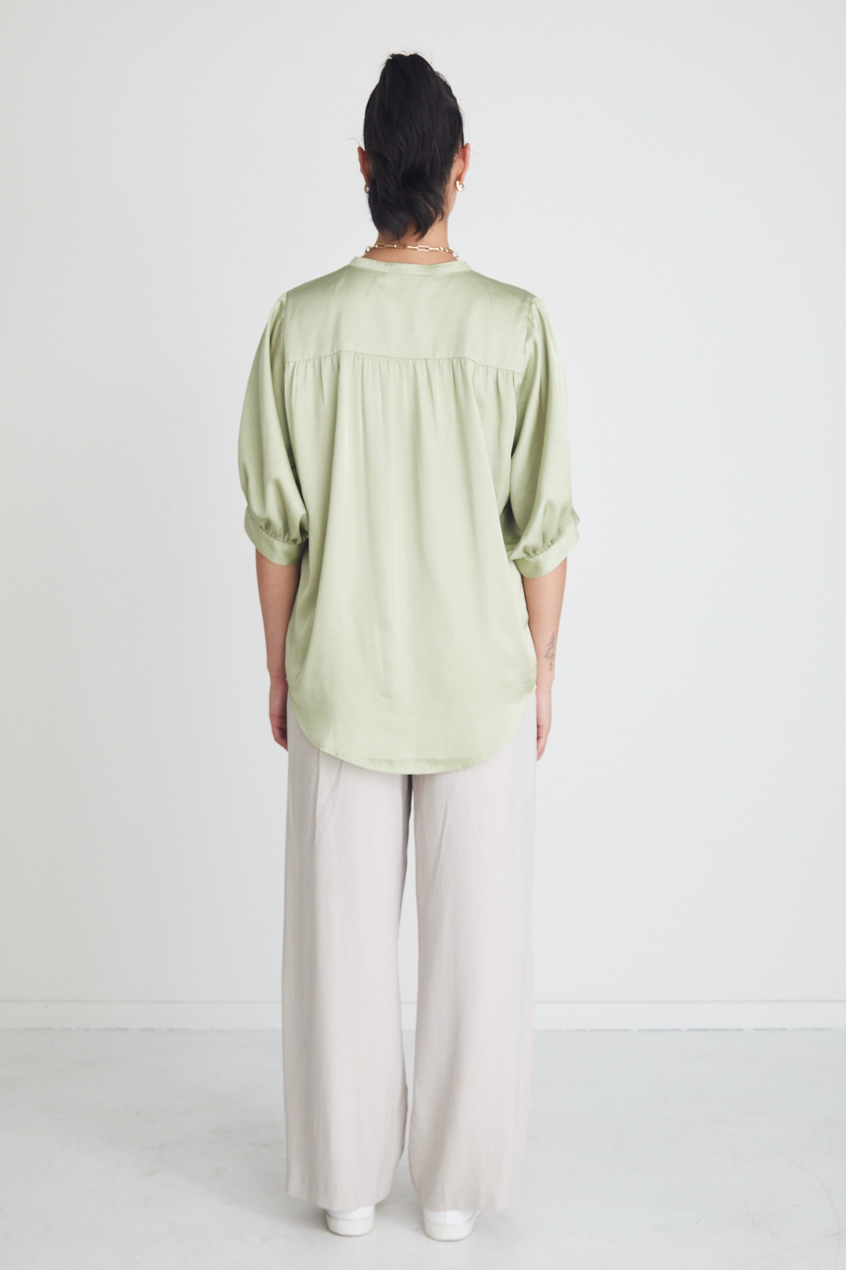 Deity Sage Satin Button-Down Blouse with Puff Sleeves - Elegant Women's Short Sleeve Top for Office, Date Night & Summer Outfits