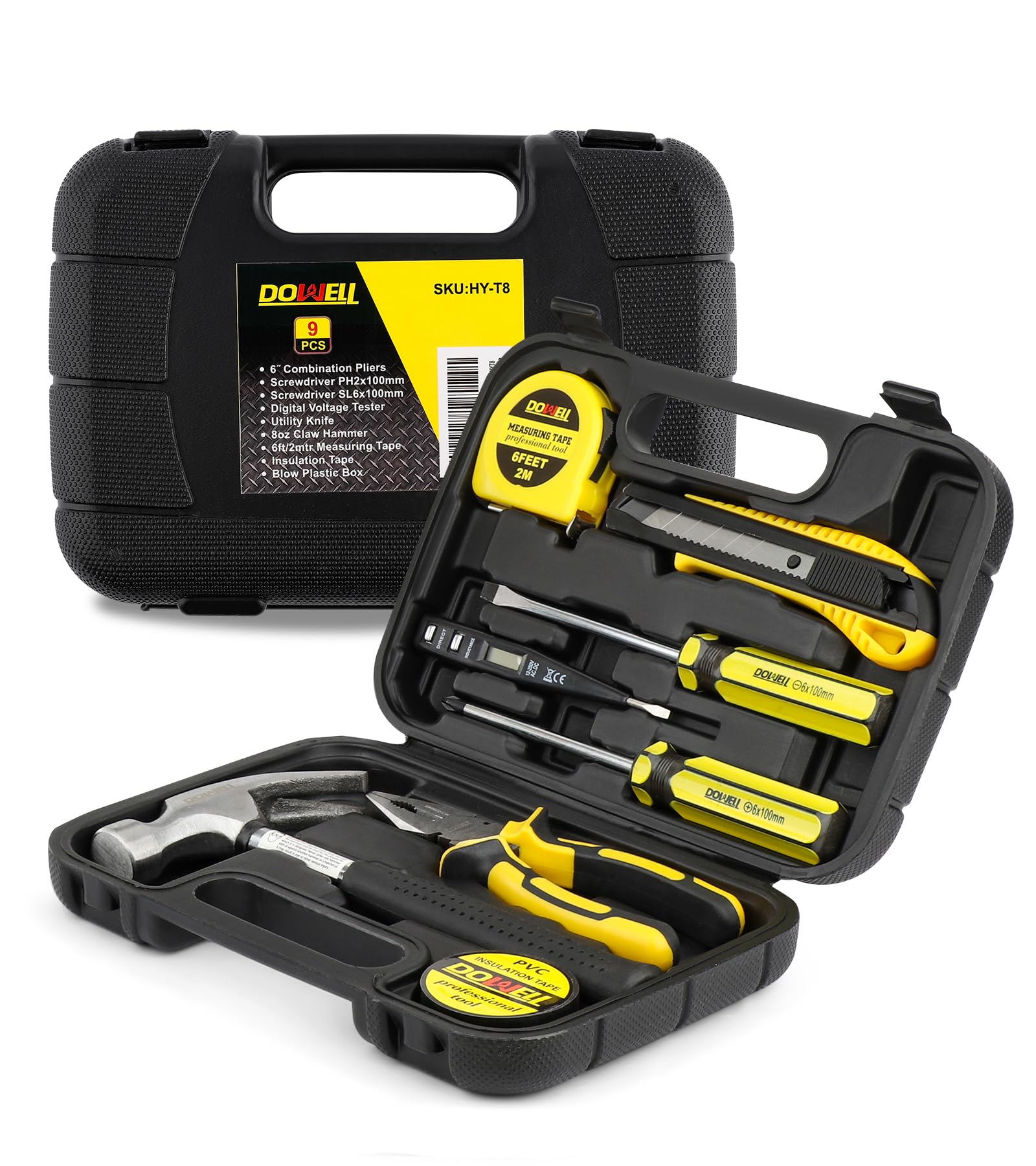 DOWELL 9-Piece Homeowner Tool Set - General Household Hand Tools Kit with Plastic Storage Case - Perfect for DIY Repairs, Home Maintenance & Small Projects