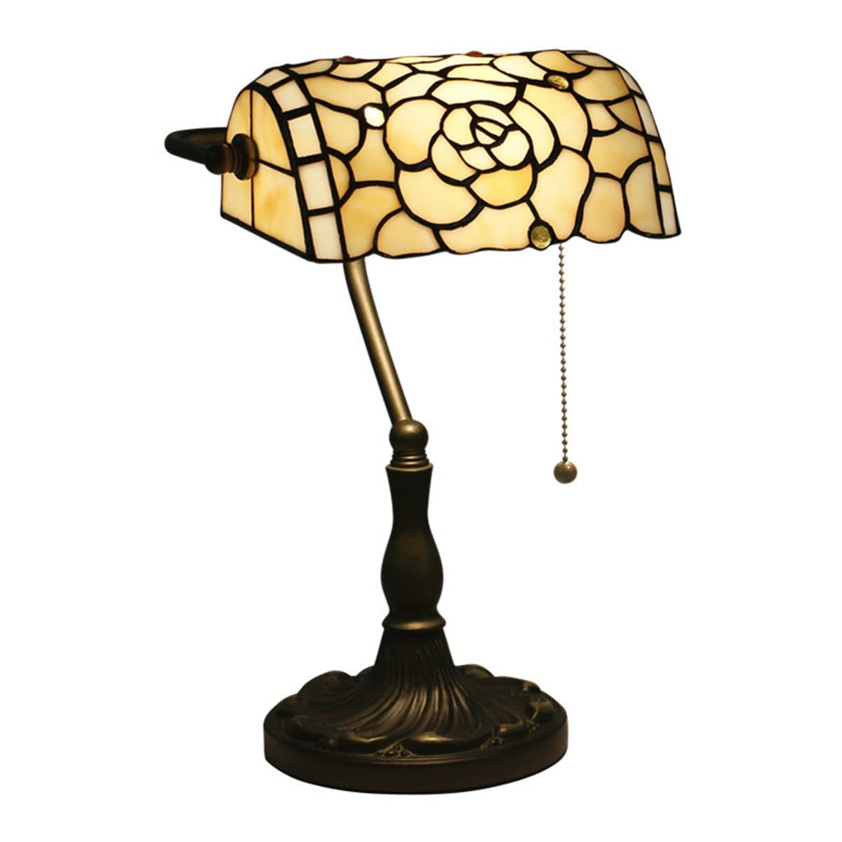 Tiffany Style Desk Lamp - Handmade White Flower Glass Shade with Pull Switch | Vintage Banker's Lamp for Office, Bedside, Living Room, Bedroom, Bar & Cafe Decor | Elegant Table Lighting for Home & Workspaces
