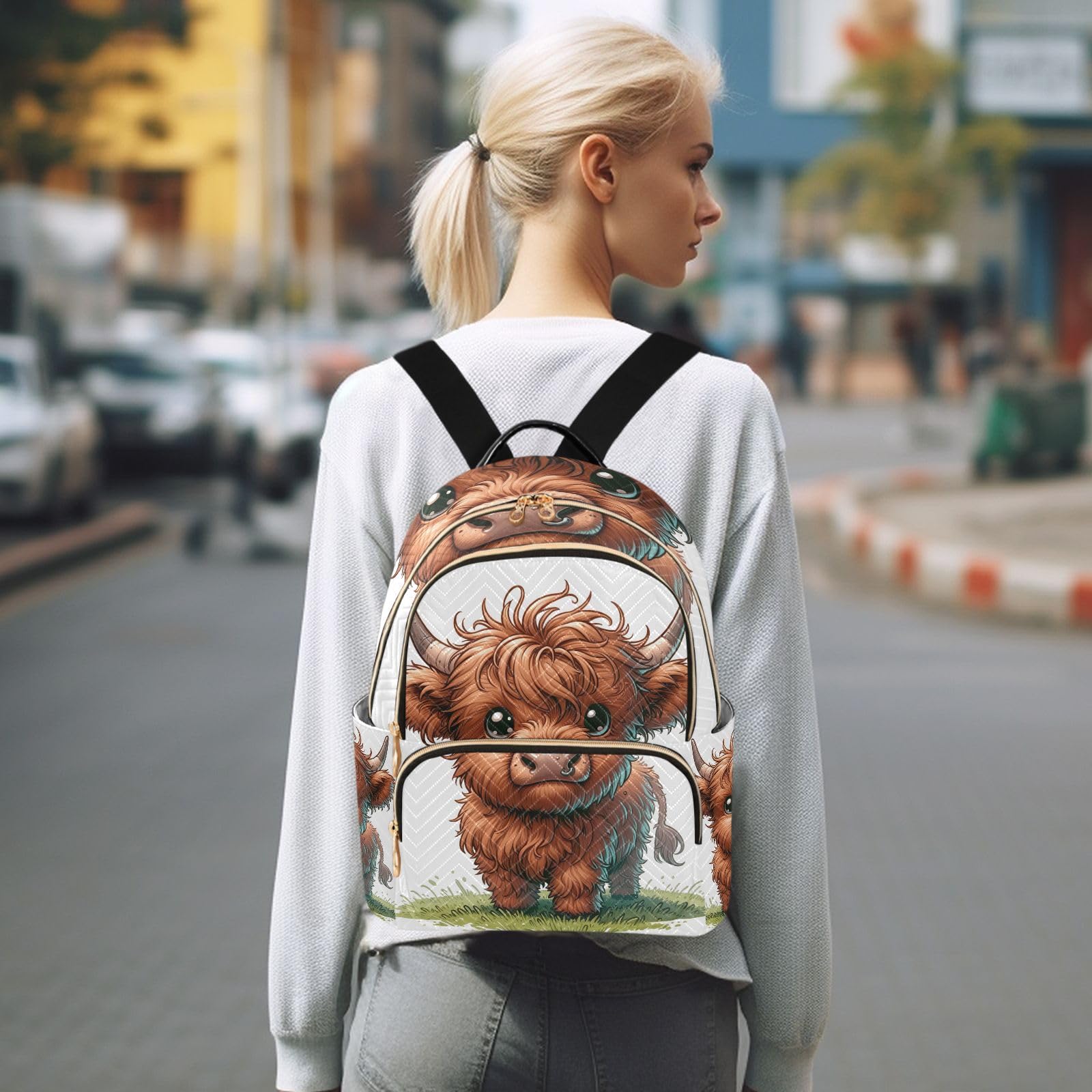 ODAWA Quilted Backpack for Women - Cute Highland Cow Print on Grass, Fashionable Travel Backpack Purse with Luggage Strap - Perfect for School, Work, and Weekend Getaways