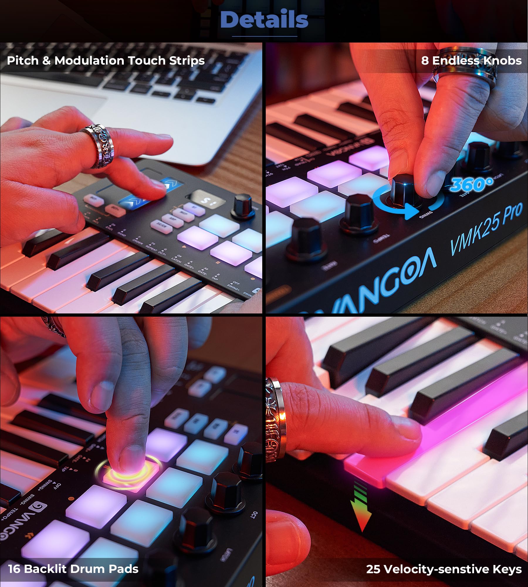 Vangoa 25-Key MIDI Pad Controller with 16 RGB Drum Pads - Wireless Beat Maker Machine for Music Production, Computer Recording & DJ Performance | Perfect for Beginners & Home Studio Music Making