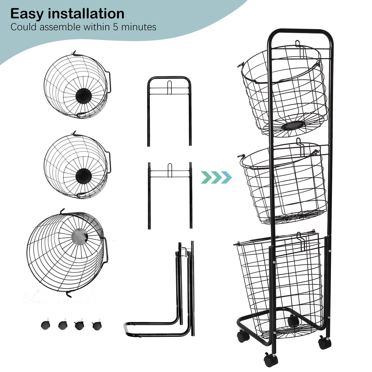 3-Tier Rolling Laundry Hamper with Removable Wire Baskets - 48.4x12.6x9.7 Inch Large Laundry Organizer for Clothes Sorting - Perfect for Laundry Room, Dorm, Apartment & Home Storage Solutions