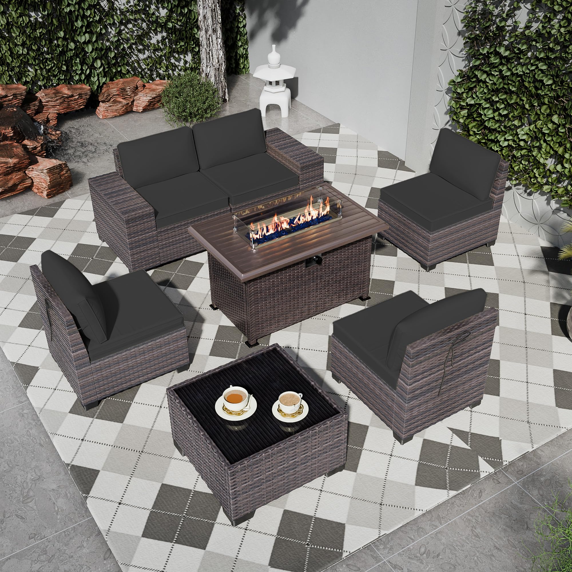 7-Piece Outdoor Patio Furniture Set with Propane Fire Pit - High Back PE Wicker Rattan Sofa Conversation Set - Sectional Patio Furniture with Tempered Glass Table & Gas Fire Pit (Black) - Perfect for Backyard, Garden, Poolside & Outdoor Entertaining