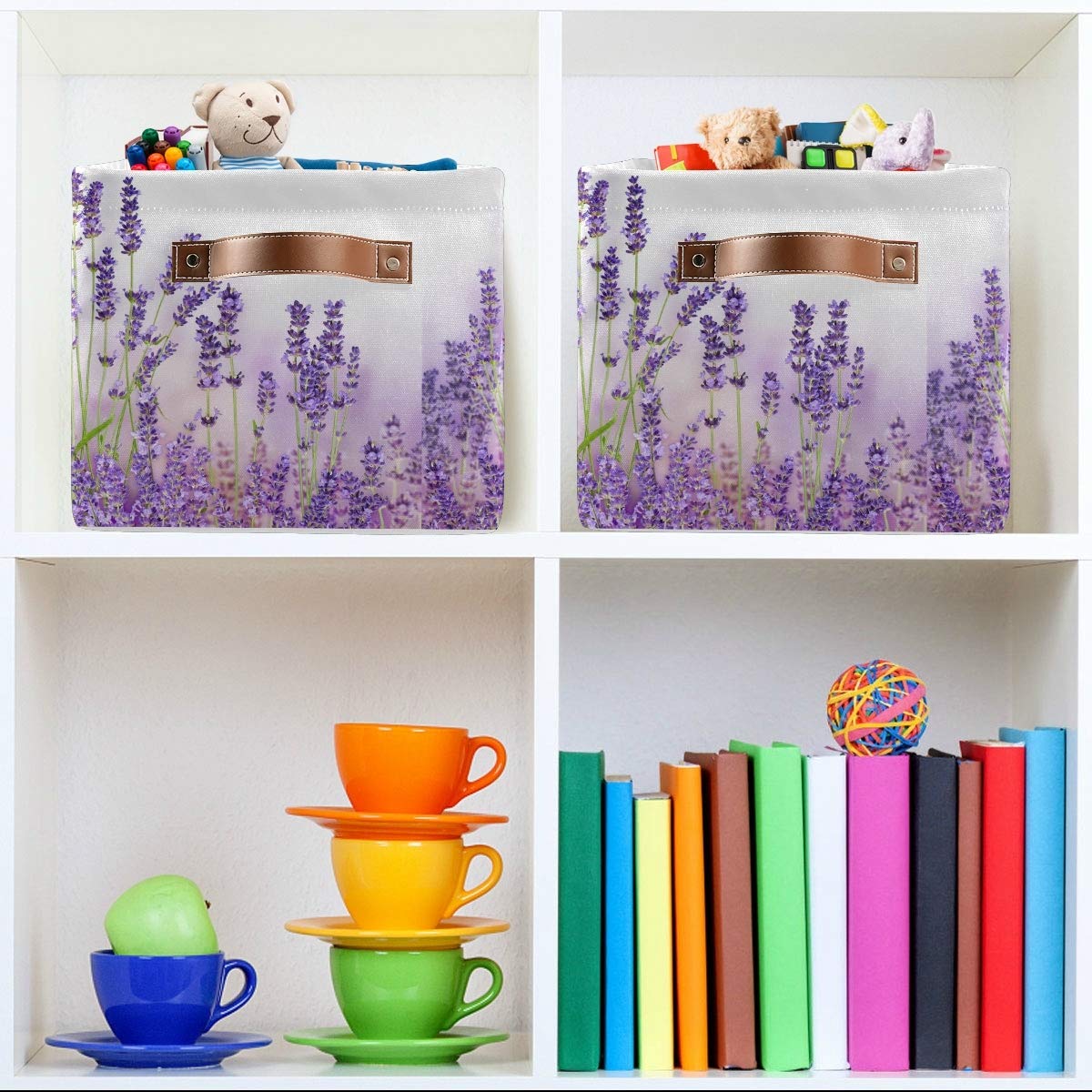 Lavender Storage Baskets 2-Pack - Large Collapsible Canvas Cube Organizer Bin for Home, Office, Closet (15