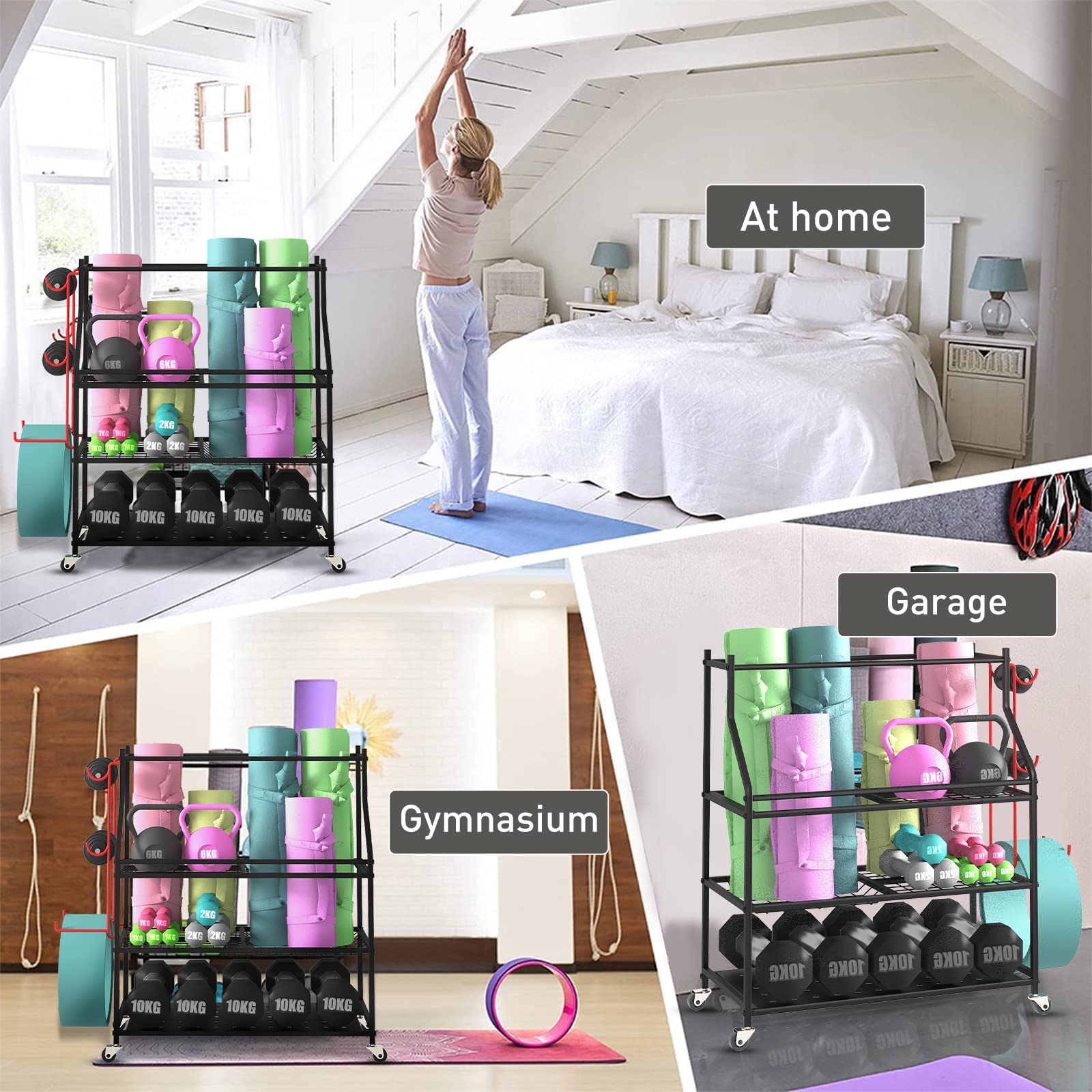 VILAWLENCE Yoga Mat Storage Rack Cart - Multifunctional Home Gym Organizer for Dumbbells, Kettlebells & Exercise Ropes - Large Capacity Removable Equipment Storage Solution for Home Workouts & Yoga Studios