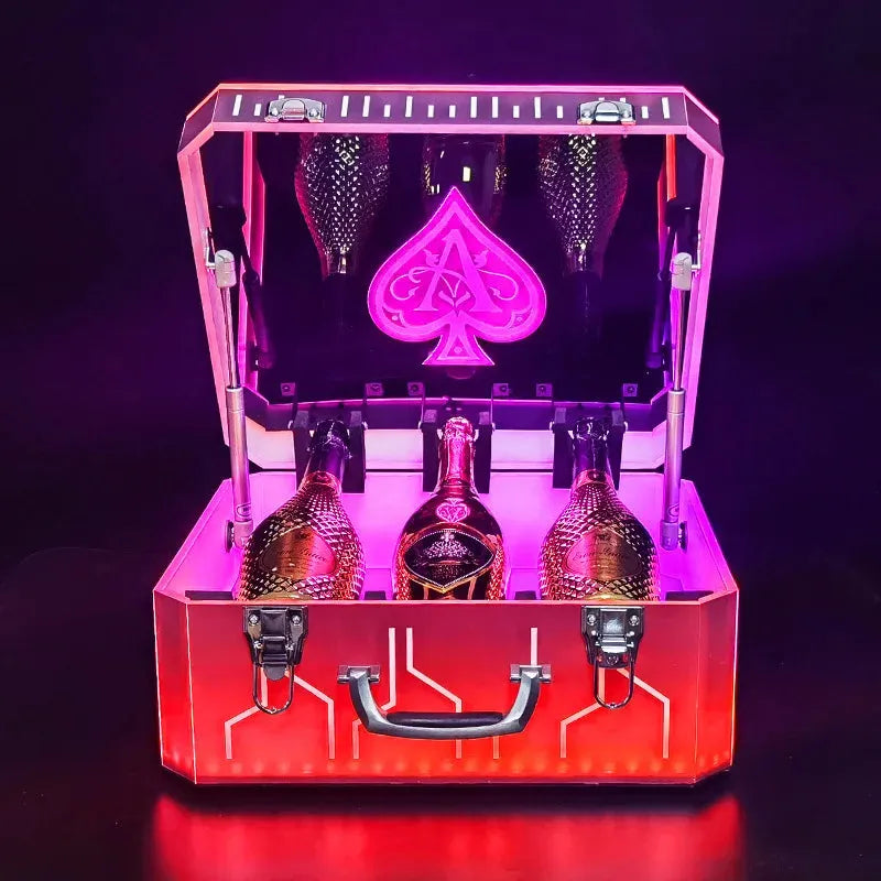 Rainbow LED Champagne Bottle Display Case - Ace of Spade Themed Suitcase Style Wine Carrier for Nightclubs, Bars & Parties | Glowing Drink Showcase for Special Events & VIP Celebrations