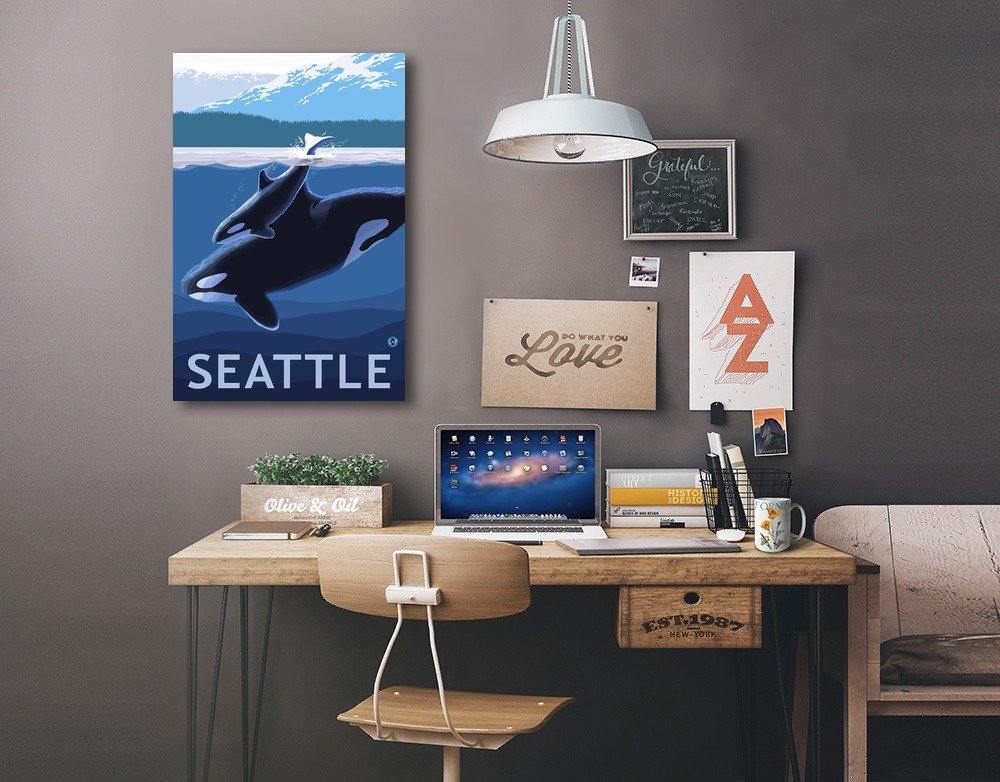 Lantern Press Seattle Washington Orca and Calf 16x24 Wrapped Canvas Wall Art - Perfect for Living Room, Bedroom & Office Decor