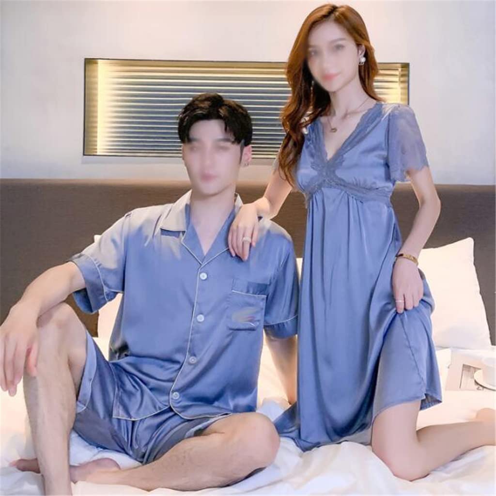 Stylish Couple's Summer Pajama Set - Women's Ice Silk Nightdress & Men's Short-Sleeve Sleepwear (Blue, Size Men-L) | Perfect for Romantic Nights & Cozy Home Lounging