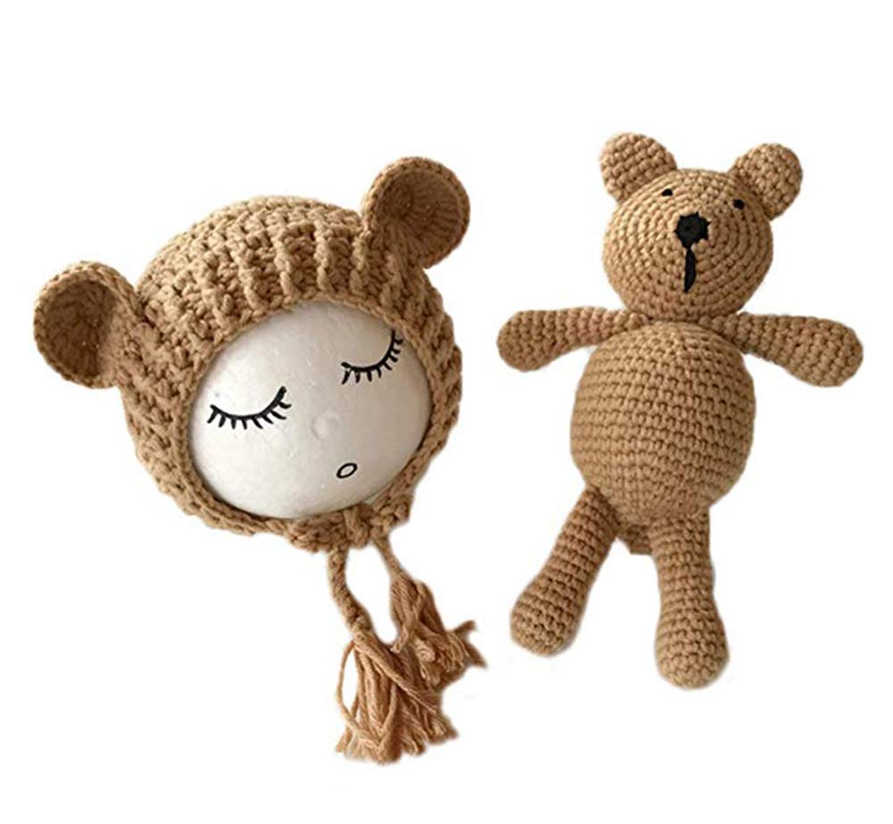 Crochet Baby Bear Hat & Knit Toy Set - Newborn Infant Photography Props for Boys & Girls - Perfect for Photo Shoots, Nursery Decor, and First Birthday Gifts