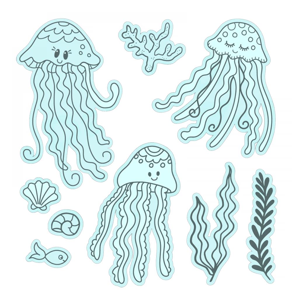 Jellyfish Conch Coral Fish Clear Stamps & Metal Die Cuts Set for Card Making, Scrapbooking DIY - Ocean Theme Paper Crafting Supplies for Invitations, Journals, Greeting Cards