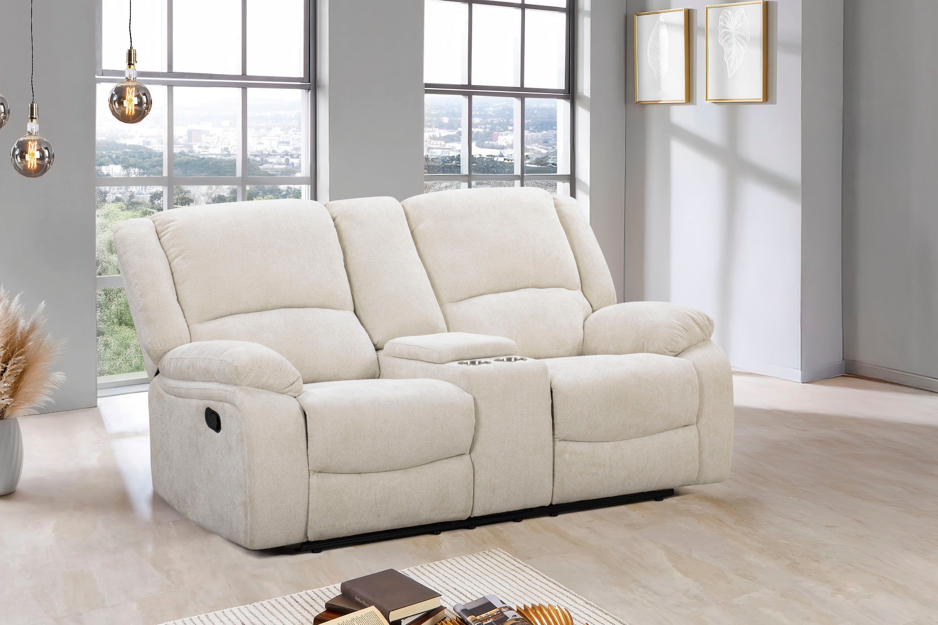 Roundhill Furniture Blitz Transitional Manual Reclining Loveseat with Cup Holders - Comfortable Small Space Recliner for Living Room, Home Theater & Game Room