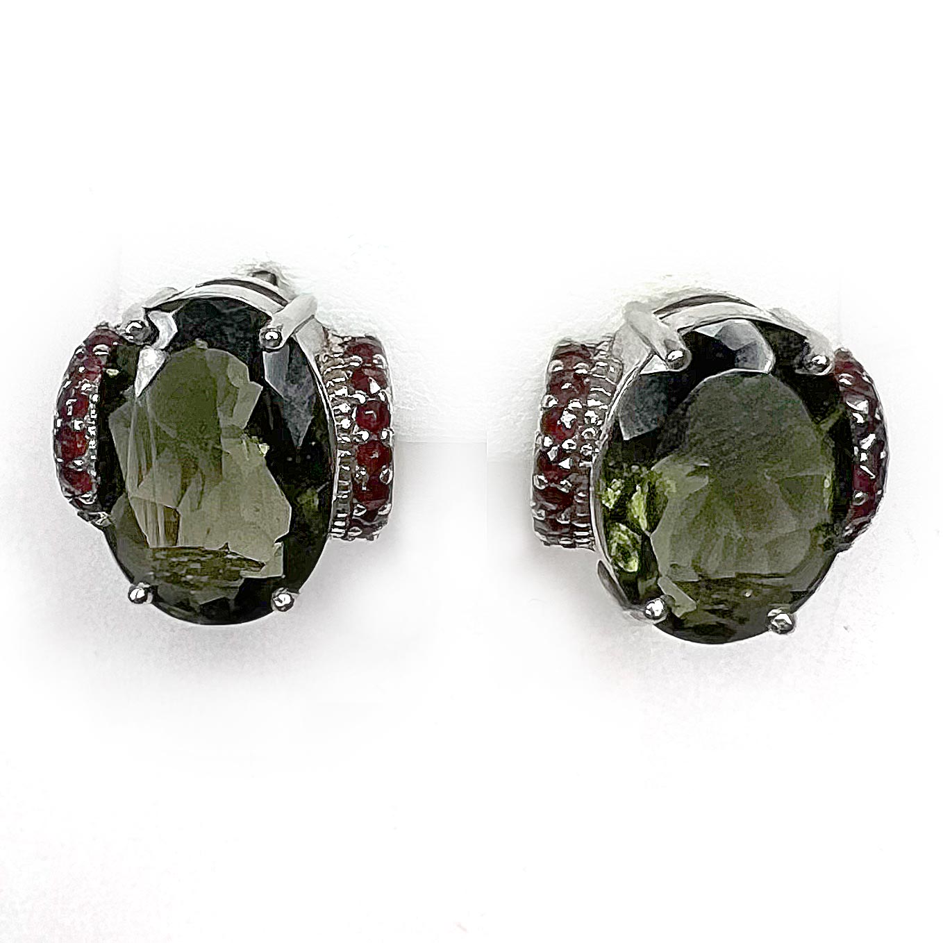 Faceted Moldavite Earrings with Garnet Accents - Elegant Bohemian Jewelry for Women - Perfect for Spiritual Healing, Meditation & Special Occasions