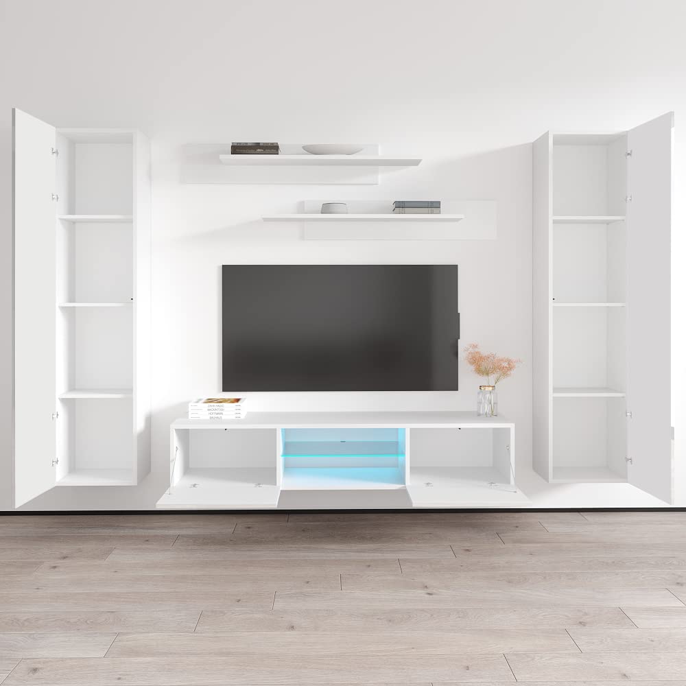 Modern White Wall-Mounted TV Stand with Storage Shelves & LED Lights - Floating Entertainment Center Console for Living Room & Bedroom - Perfect for Small Spaces & Home Theater Setup - Meble Furniture Fly AB1 33TV Stand