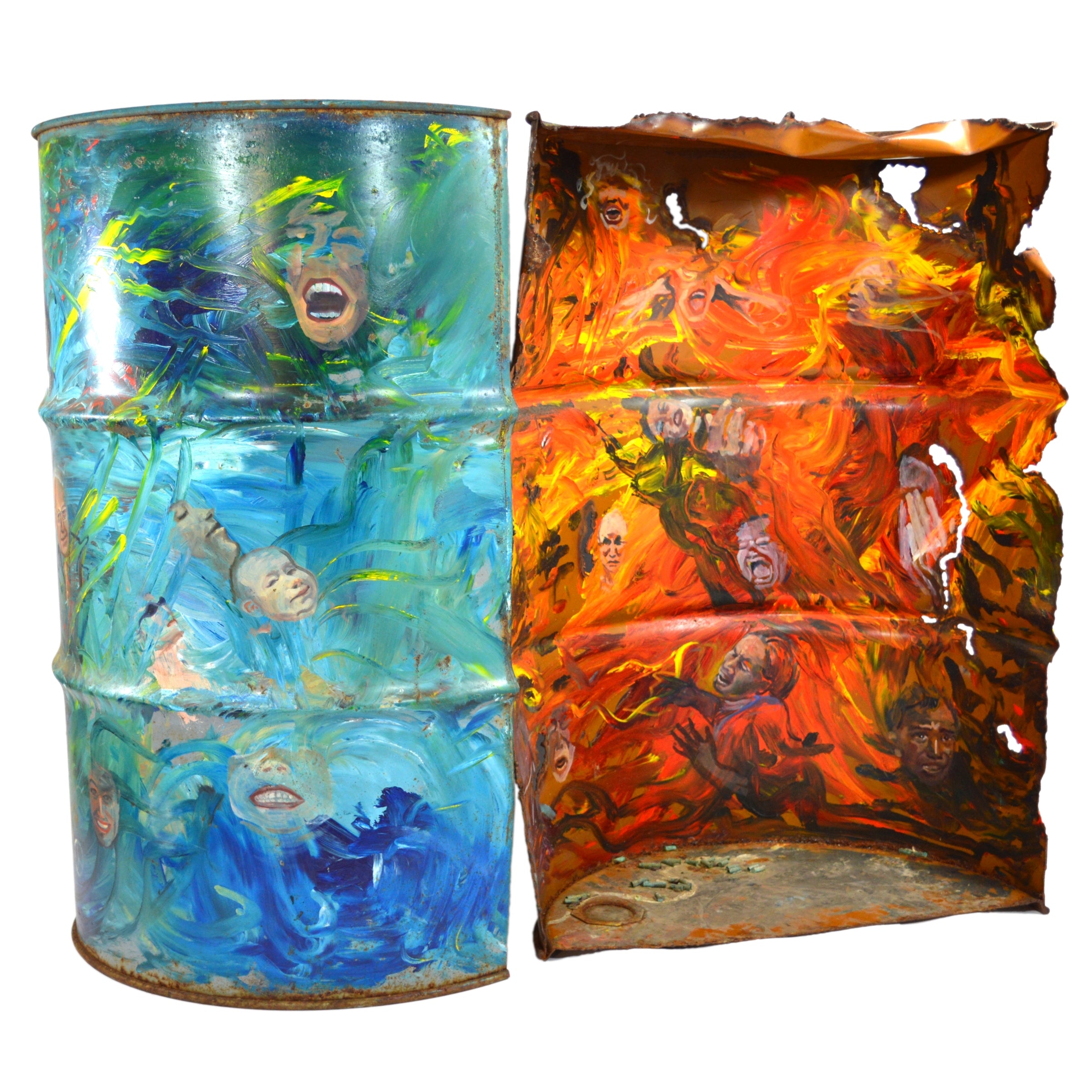 Original Impressionism Painting - Heaven & Hell on Severed Steel Barrel/Drum - Unique Wall Art for Home & Office Decor