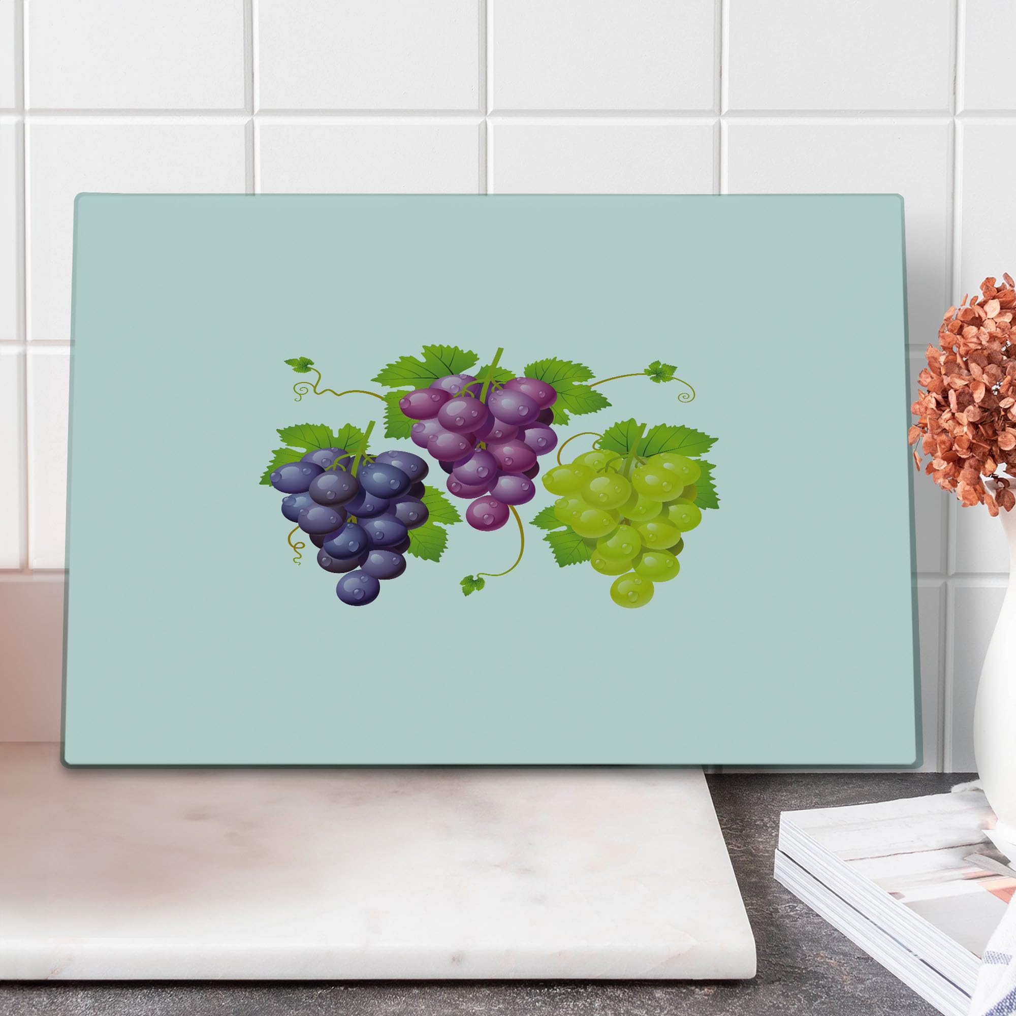 Ambesonne Vineyard Tempered Glass Cutting Board - Large Decorative Serving Board with Ivy Burgundy Region Artwork - Purple Green Kitchen Accessory for Wine Pairing & Charcuterie Displays