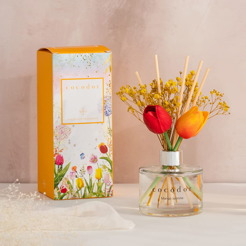COCODOR Tulip Reed Diffuser 200ml - Floral Scented Home Fragrance Oil Diffuser with Natural Rattan Reeds, Long-Lasting Aromatherapy for Living Room, Bedroom, Bathroom & Office - Perfect Gift for Women