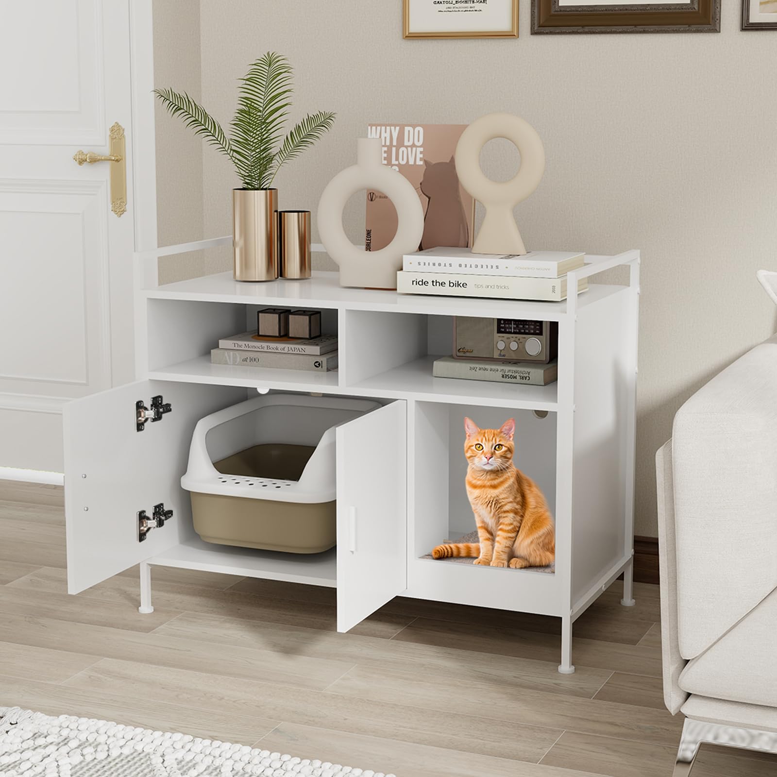 YUSING Cat Litter Box Enclosure Furniture - Hidden Large Cat Washroom Storage Cabinet with Double Doors & Open Shelf - White for Bedroom & Living Room | Perfect for Small Spaces & Multi-Cat Homes