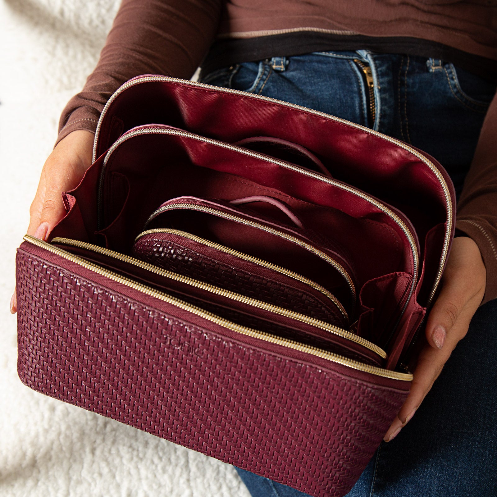Elegant Herringbone Plum Small Beauty Bag - Perfect for Travel, Makeup Organizer & Cosmetic Pouch