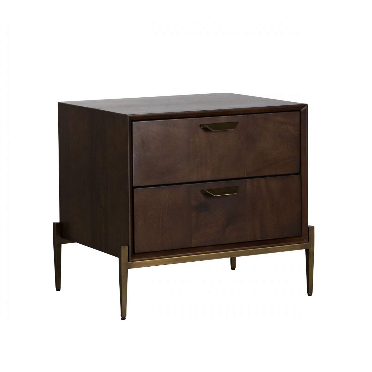 Benjara 2-Drawer Wooden Nightstand with Antique Brass Finish & Tapered Legs - Brown Bedside Table for Bedroom, Living Room, or Office Storage