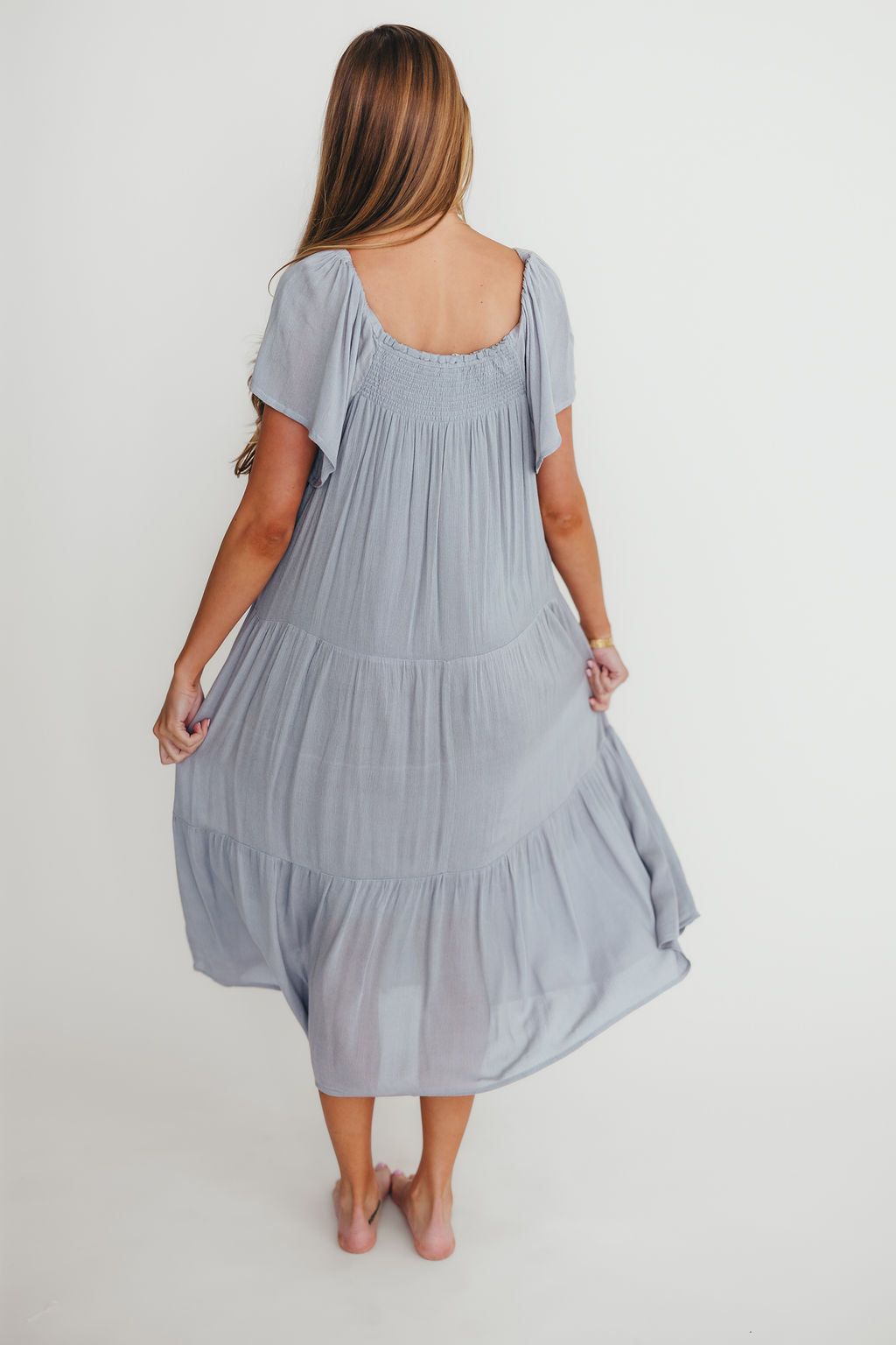 Eloise Flutter Sleeve Midi Dress - Elegant Slate Blue Women's Casual Dress for Summer, Party & Office Wear