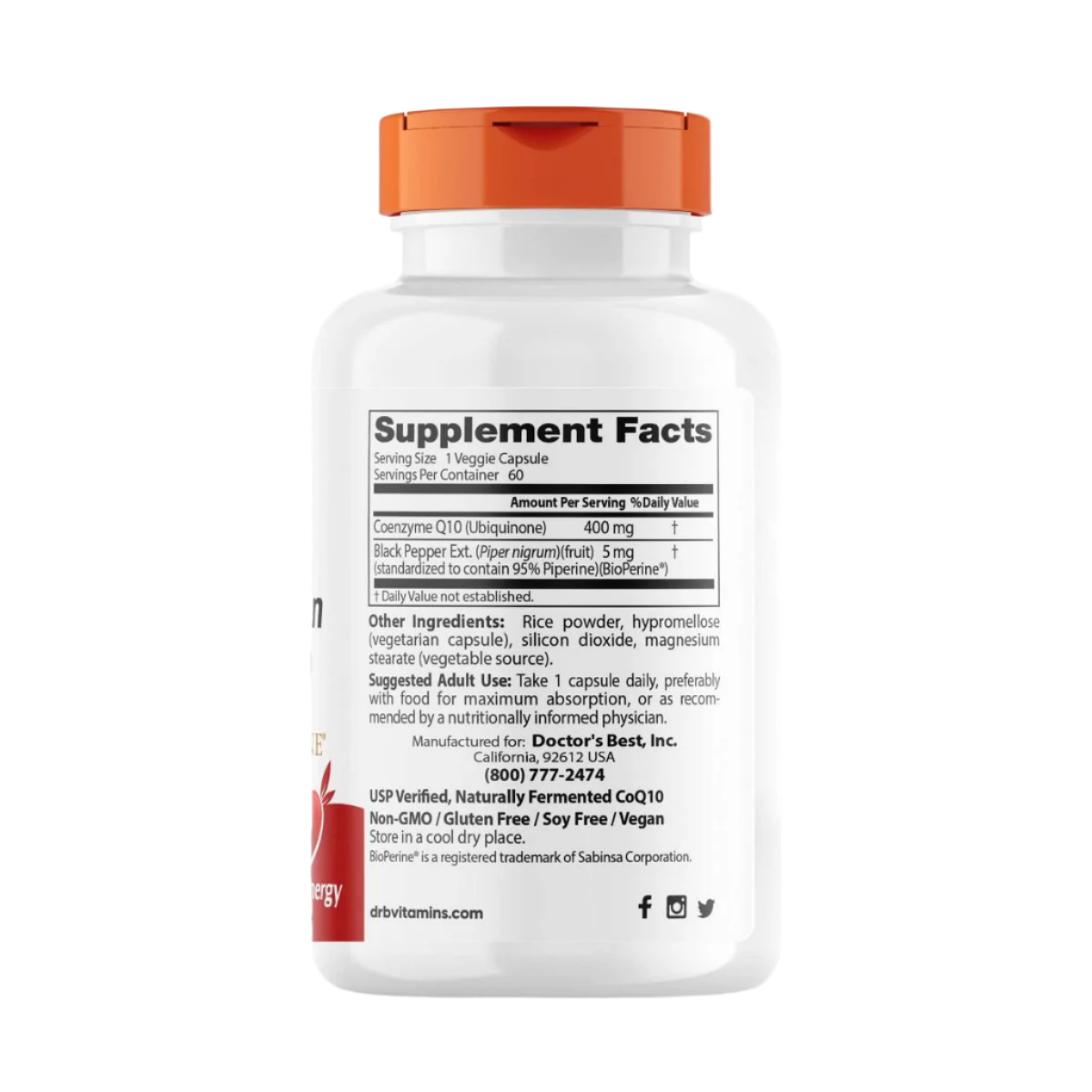 Doctor's Best High Absorption CoQ10 400mg with BioPerine - 60 Vegetarian Capsules for Heart Health, Energy Support & Antioxidant Protection - Perfect for Adults Seeking Cardiovascular Wellness