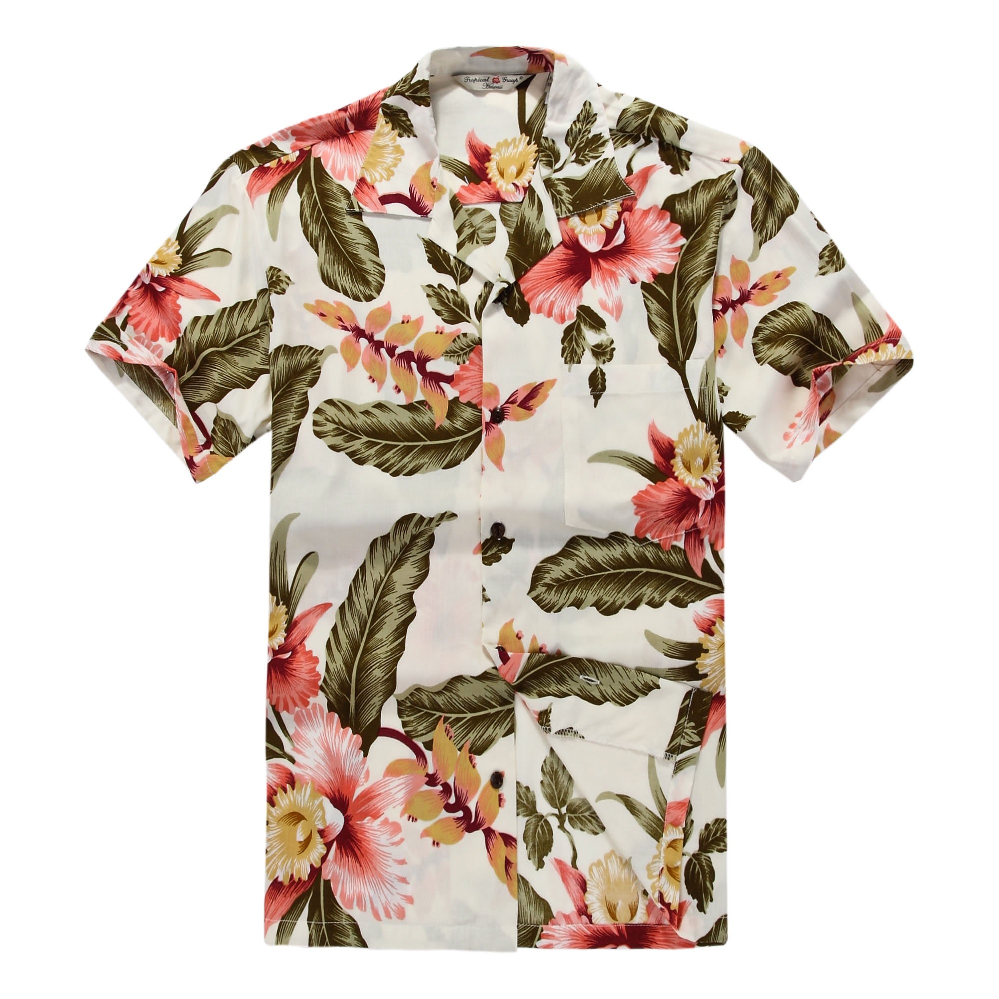 Matching Couple Hawaiian Luau Outfits - Cream Rafelsia Aloha Shirts for Beach Party, Summer Vacation & Tropical Theme Events