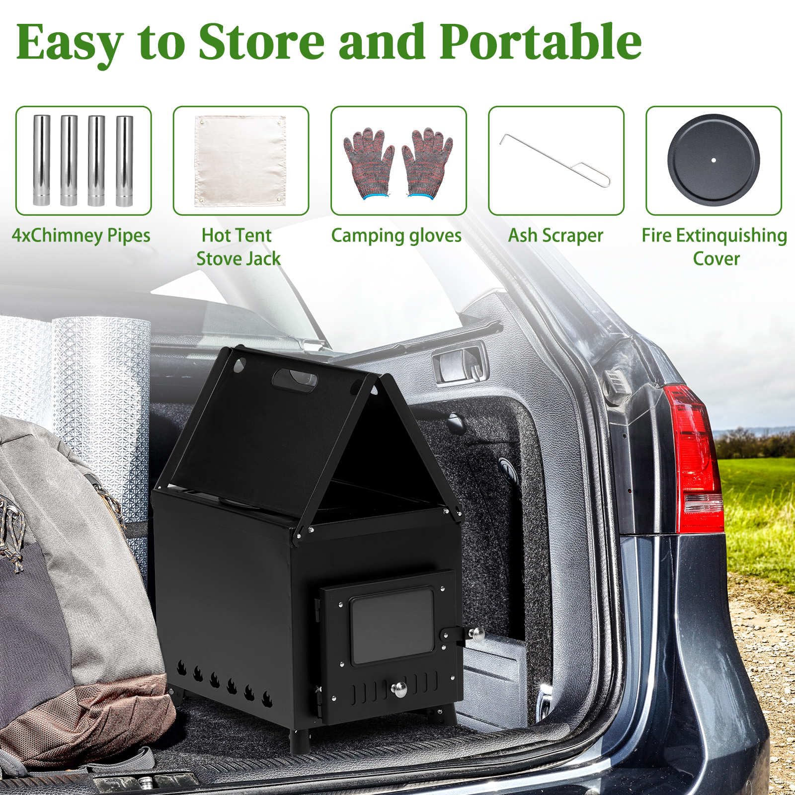 Portable Wood Burning Camping Stove - Foldable Iron Panel Tent Stove with Chimney Pipes for Outdoor Heating, Cooking & Survival (30.5