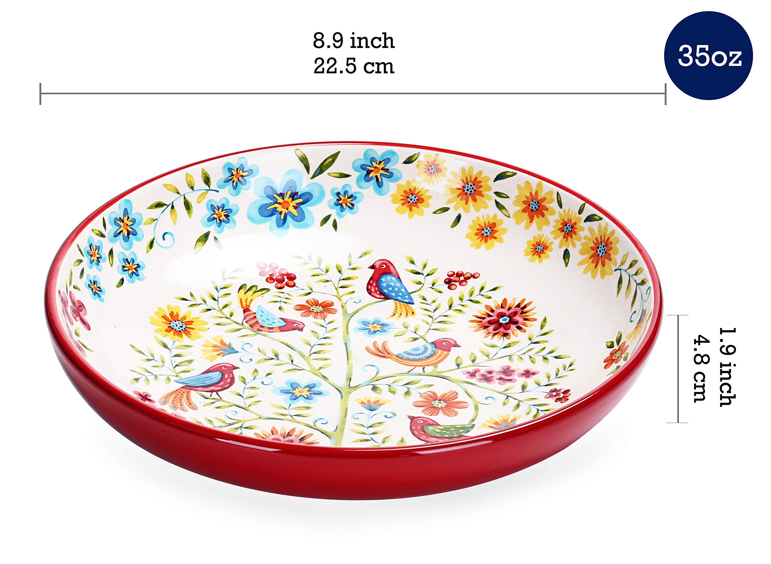 Bico Red Spring Bird Ceramic 16-Piece Dinnerware Set - Service for 4 with 11-Inch Dinner Plates, 8.75-Inch Salad Plates, 35-Oz Bowls & Mugs | Microwave & Dishwasher Safe | Perfect for Parties, Family Dinners & Everyday Use