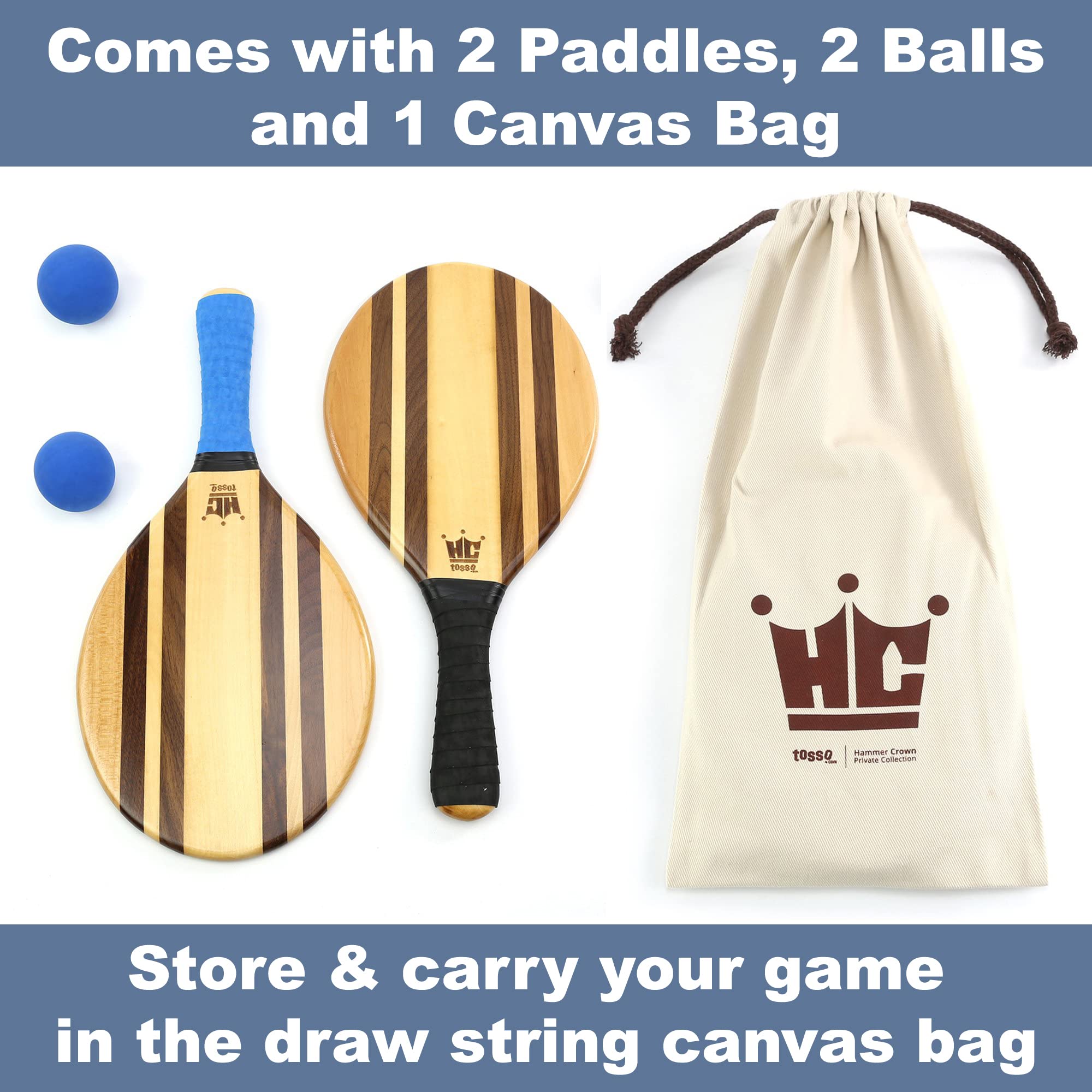 Premium Frescobol Paddle Ball Set - 2 Wooden Paddles, 2 Rubber Balls & Canvas Carry Bag for Beach, Backyard & Outdoor Games - Classic Striped Design for Summer Fun