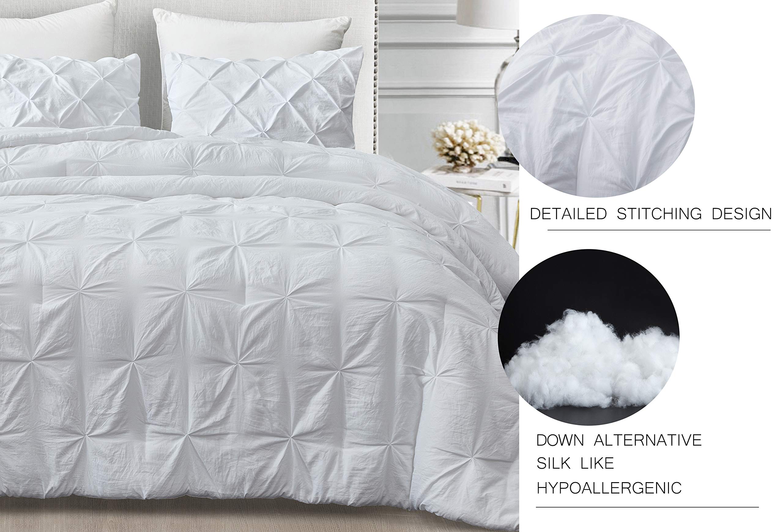 Premium Soft Cotton Comforter Set - All Season Goose Down Alternative Pinch Pleat Duvet Insert | 500 GSM Fill Power | Oversized Queen (90x90 inches) | 3-Piece Bedding Set in White | Perfect for Master Bedrooms, Guest Rooms & Cozy Home Decor