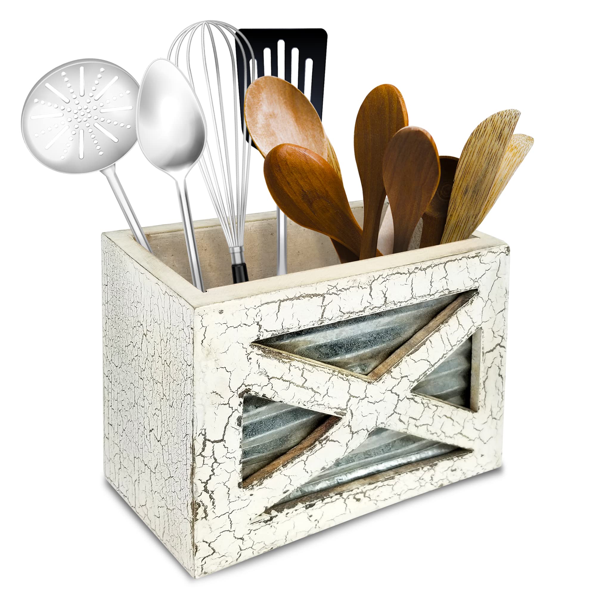 Rustic Wooden Kitchen Utensil Holder - Farmhouse Countertop Organizer for Spoons, Forks & Cooking Tools | Perfect for Farmhouse, Cottage & Rustic Decor Kitchens