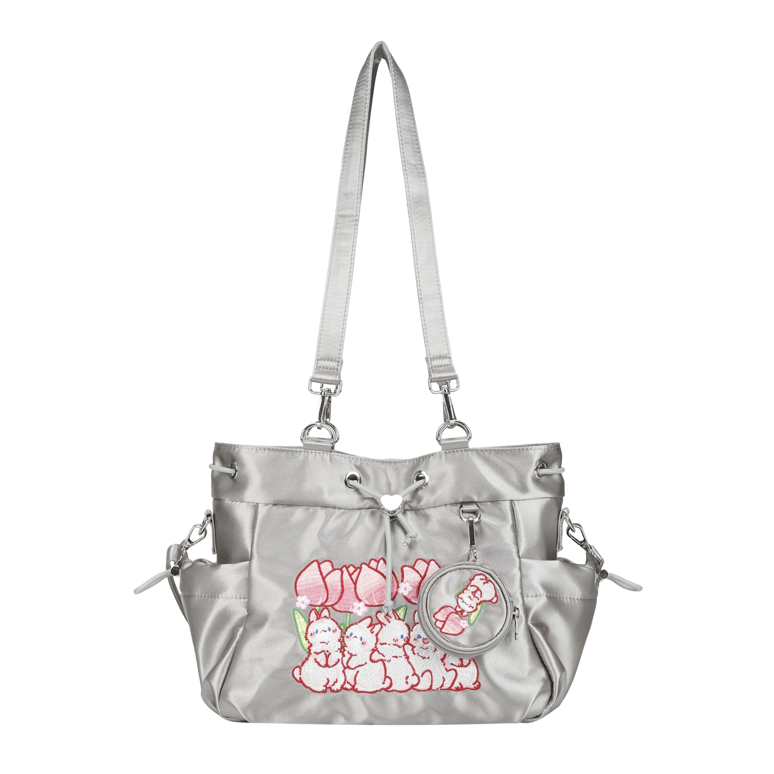 Women's Satin Hobo Handbag with Bunny Embroidery - Elegant Tote Shoulder Bag & Crossbody Purse for Casual Outings, Work, and Date Nights
