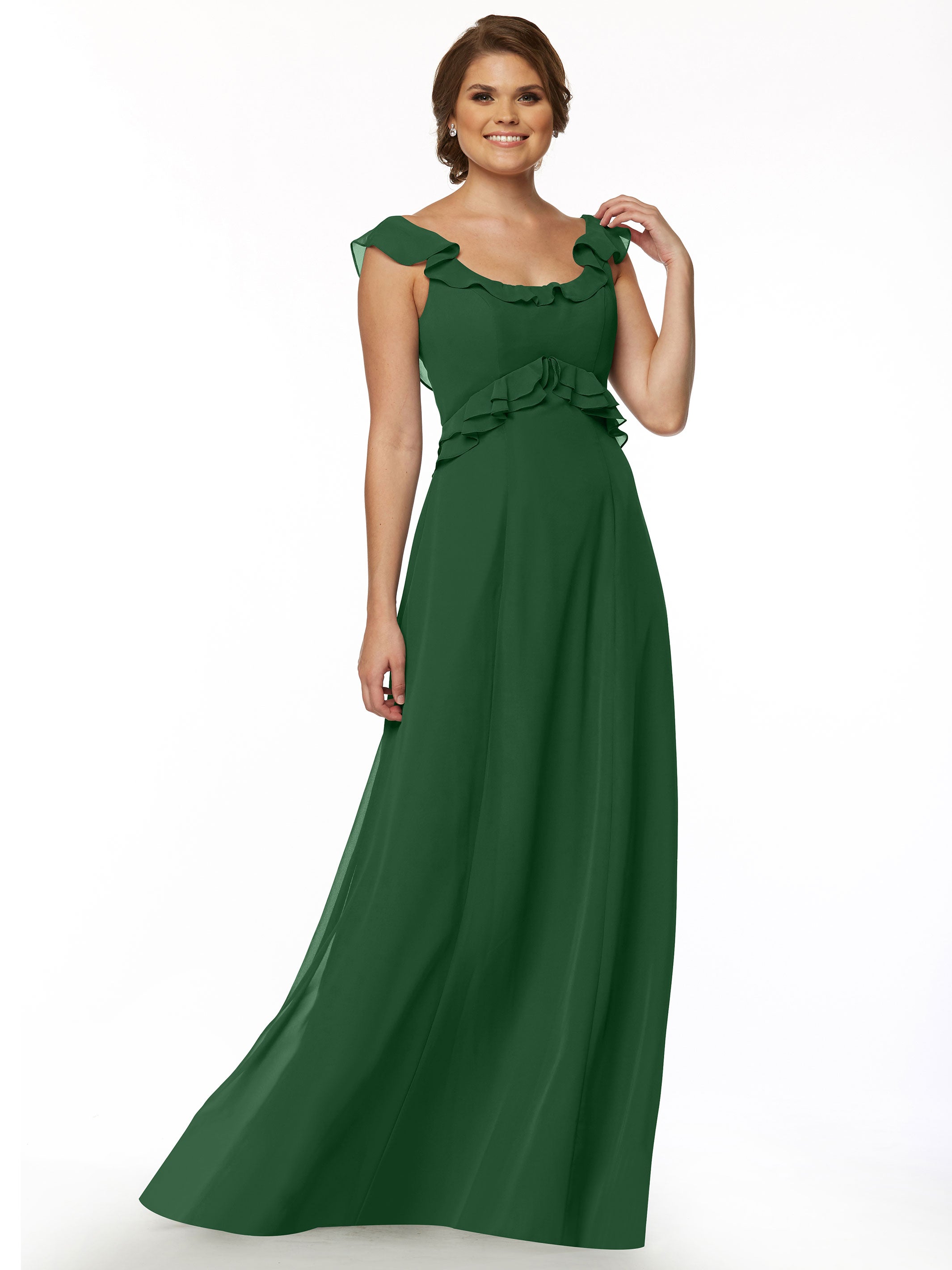 Elegant Off-the-Shoulder Chiffon Bridesmaid Dress with Ruffled Bodice - A-Line Flowy Wedding Party Gown for Formal Events, Prom & Special Occasions