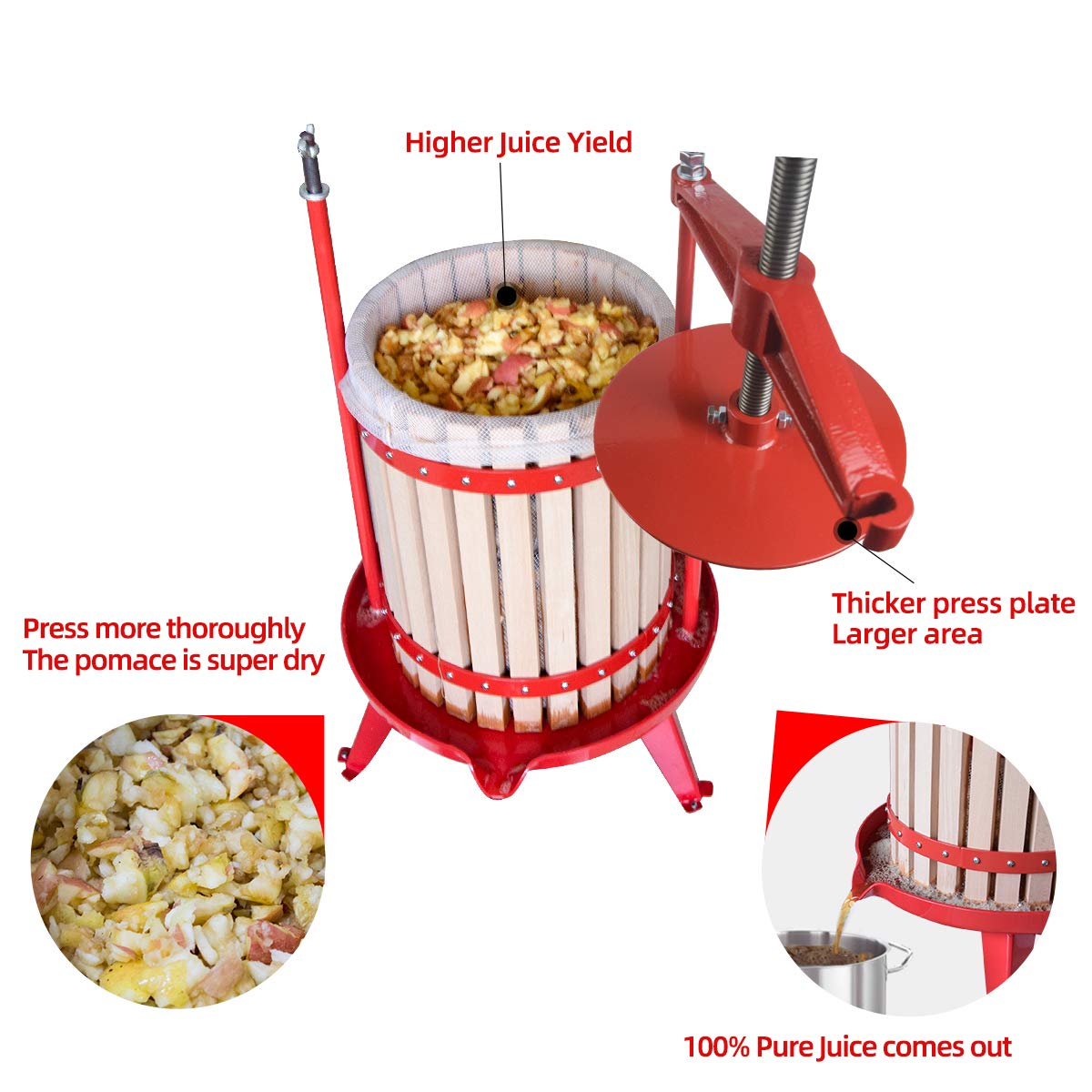 Premium Solid Wood Fruit Wine Press - 3.17 Gallon (12L) Apple Cider Crusher with T-Handle & Stand - Manual Juice Extractor for Grapes, Berries, Apples - Perfect for Home Brewing, Winemaking & DIY Cider Making