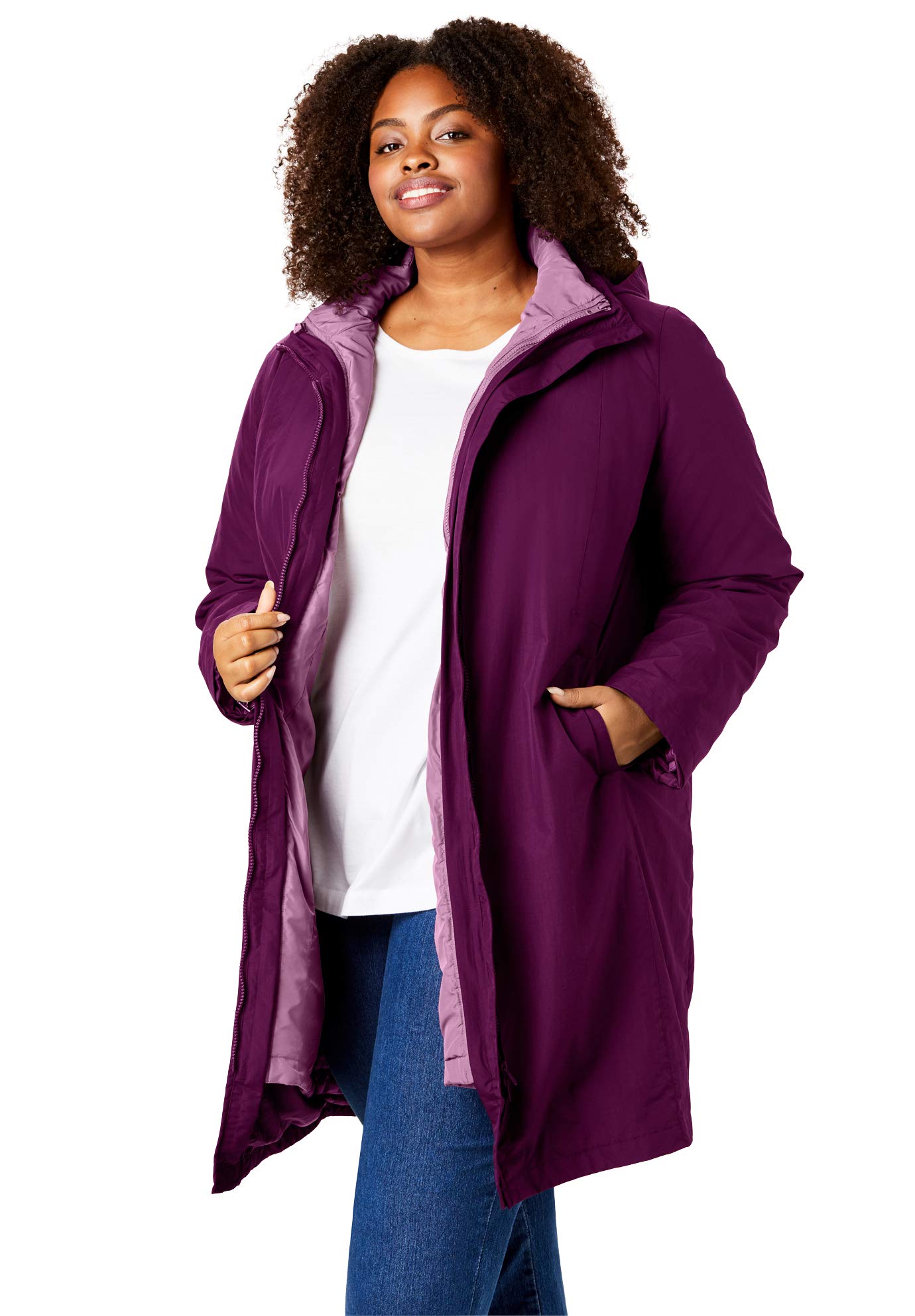Woman Within Women's Plus Size 3-in-1 Hooded Taslon Jacket - Waterproof Windbreaker for Outdoor Hiking & Casual Wear