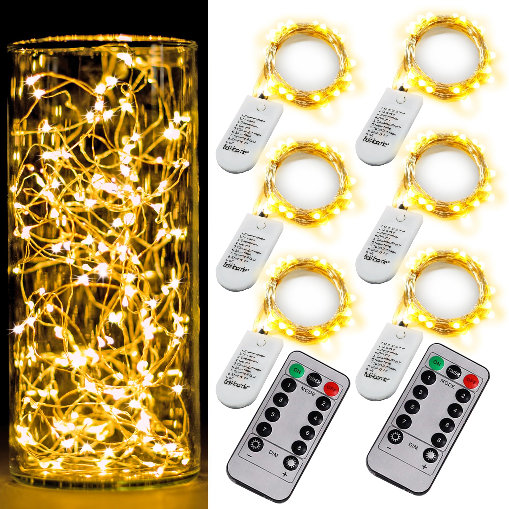 6 Pack Fairy Lights Battery Operated with Timer - 2PCS Remote Control, 6.5ft 20LED Warm White Twinkle Lights, Waterproof Silver Wire Firefly Lights for DIY Mason Jars, Wedding Centerpieces, Christmas Decorations, Party Table Decor
