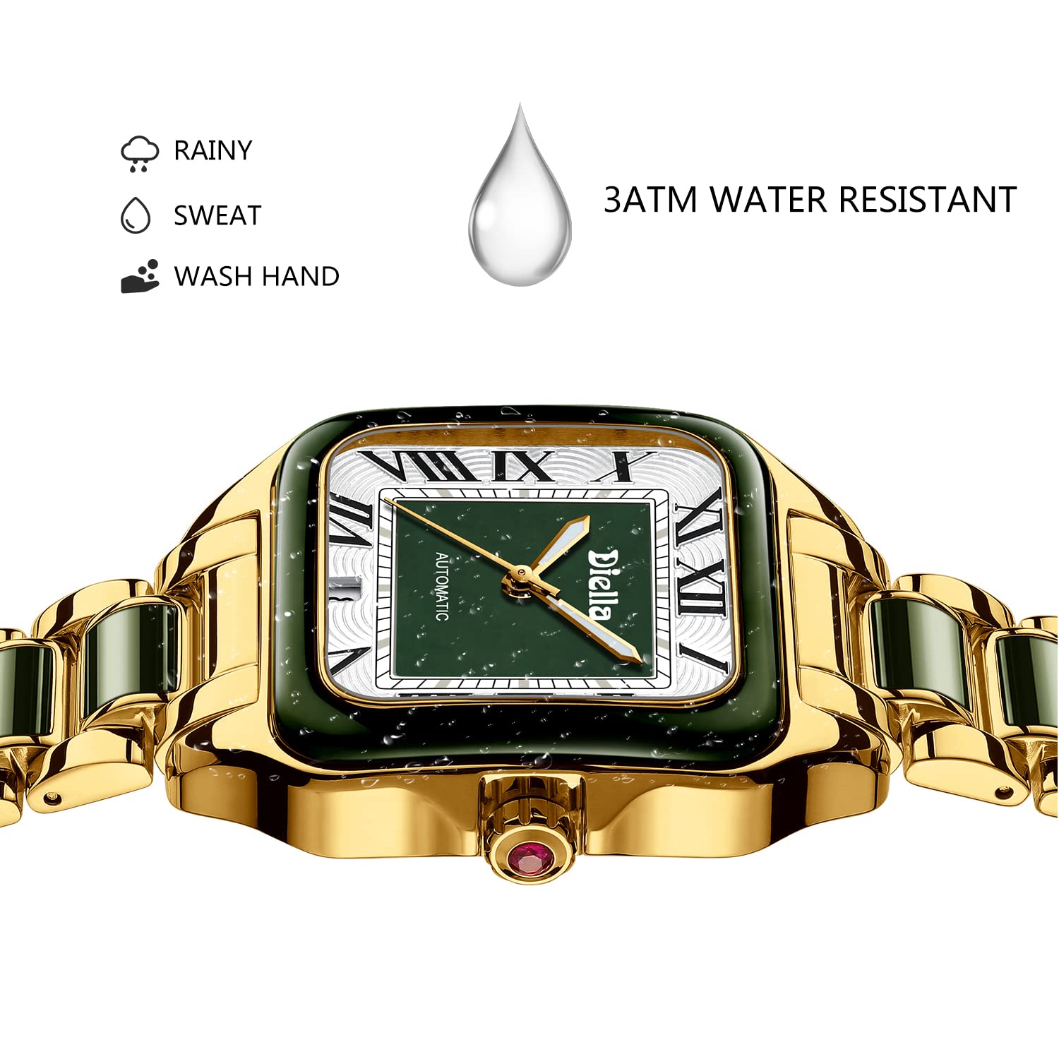 Diella Rectangle Automatic Wrist Watch for Men & Women - Luxury Jade Dial, Stainless Steel Band, Water Resistant | Perfect for Business, Formal Events & Everyday Wear