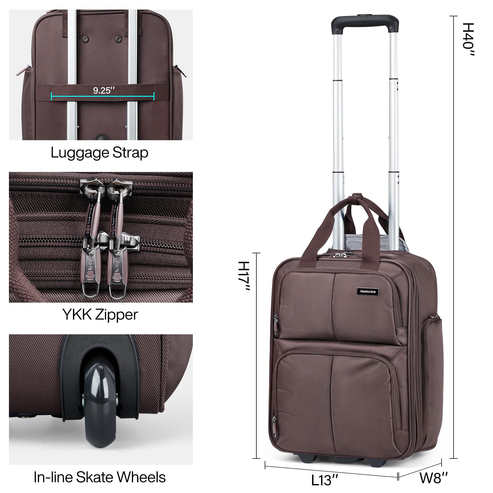 16-Inch Hanke Softside Underseat Carry-On Luggage with Wheels - Compact Rolling Travel Suitcase in Coffee Brown | Perfect for Airplane Cabin, Business Trips & Weekend Getaways