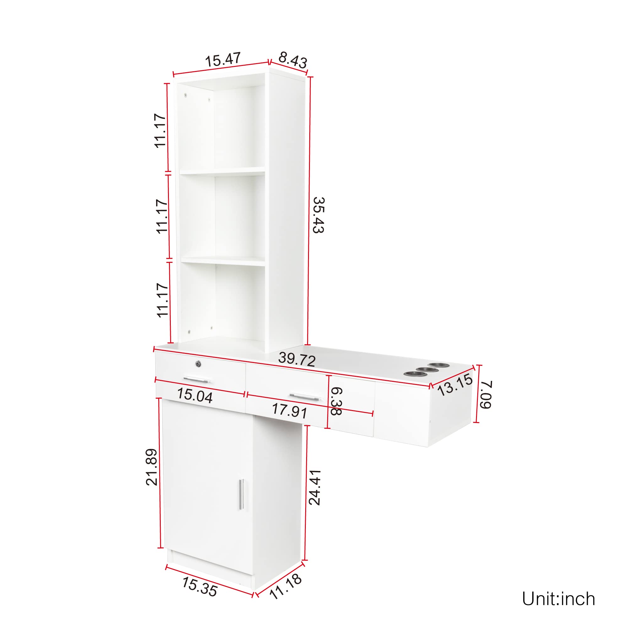 Wall Mount Salon Storage Organizer - 3 Compartments, 2 Drawers & 1 Bottom Cabinet for Hair Stylist Tools & Barber Equipment (White) | Perfect for Beauty Salons, Barber Shops & Home Styling Stations
