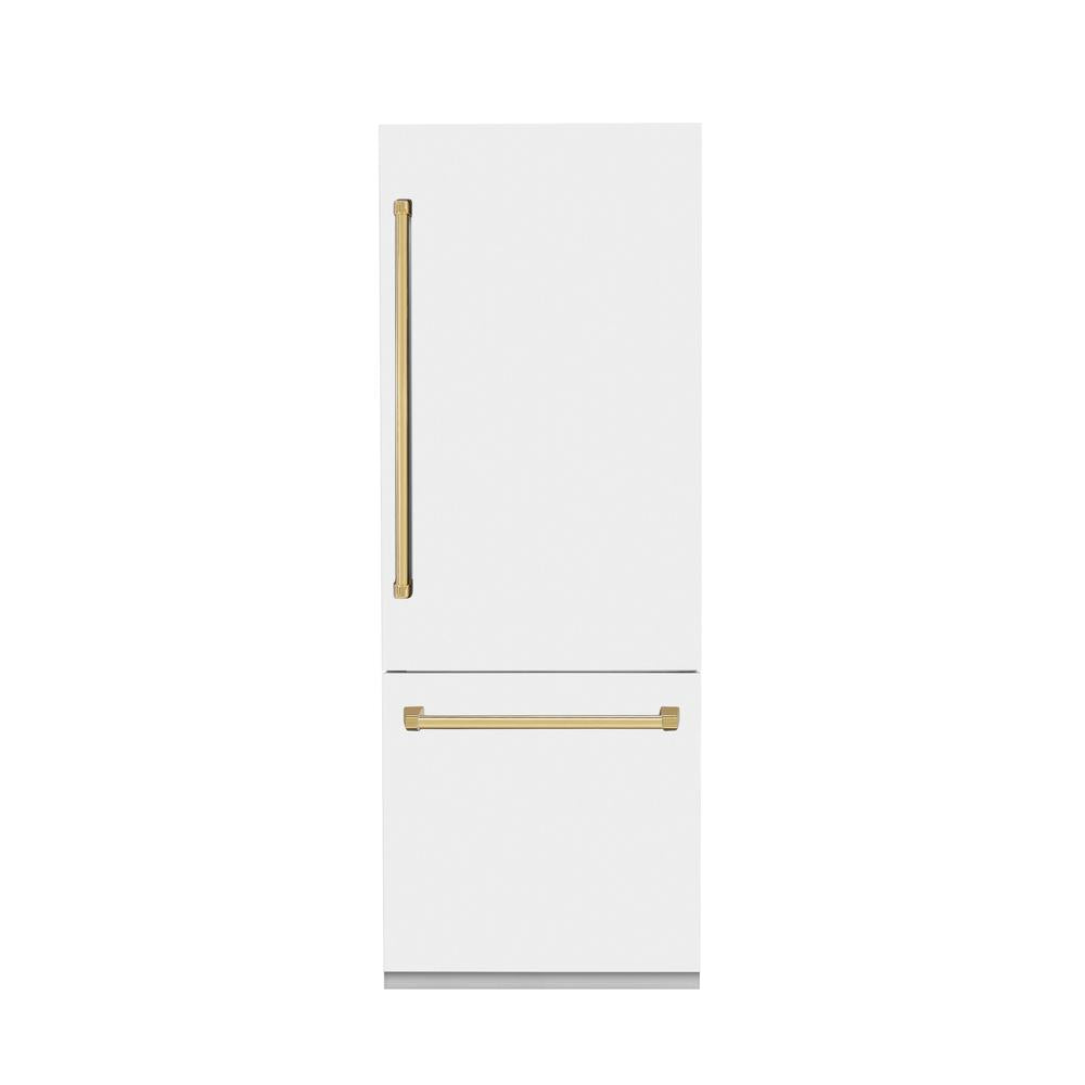ZLINE Autograph Edition 30 Inch Built-In Bottom Freezer Refrigerator - 16.1 cu.ft Capacity, Water Dispenser & Ice Maker - White Matte Finish with Polished Gold Accents (RBIVZ WM 30 G) | Perfect for Modern Kitchens & Luxury Homes