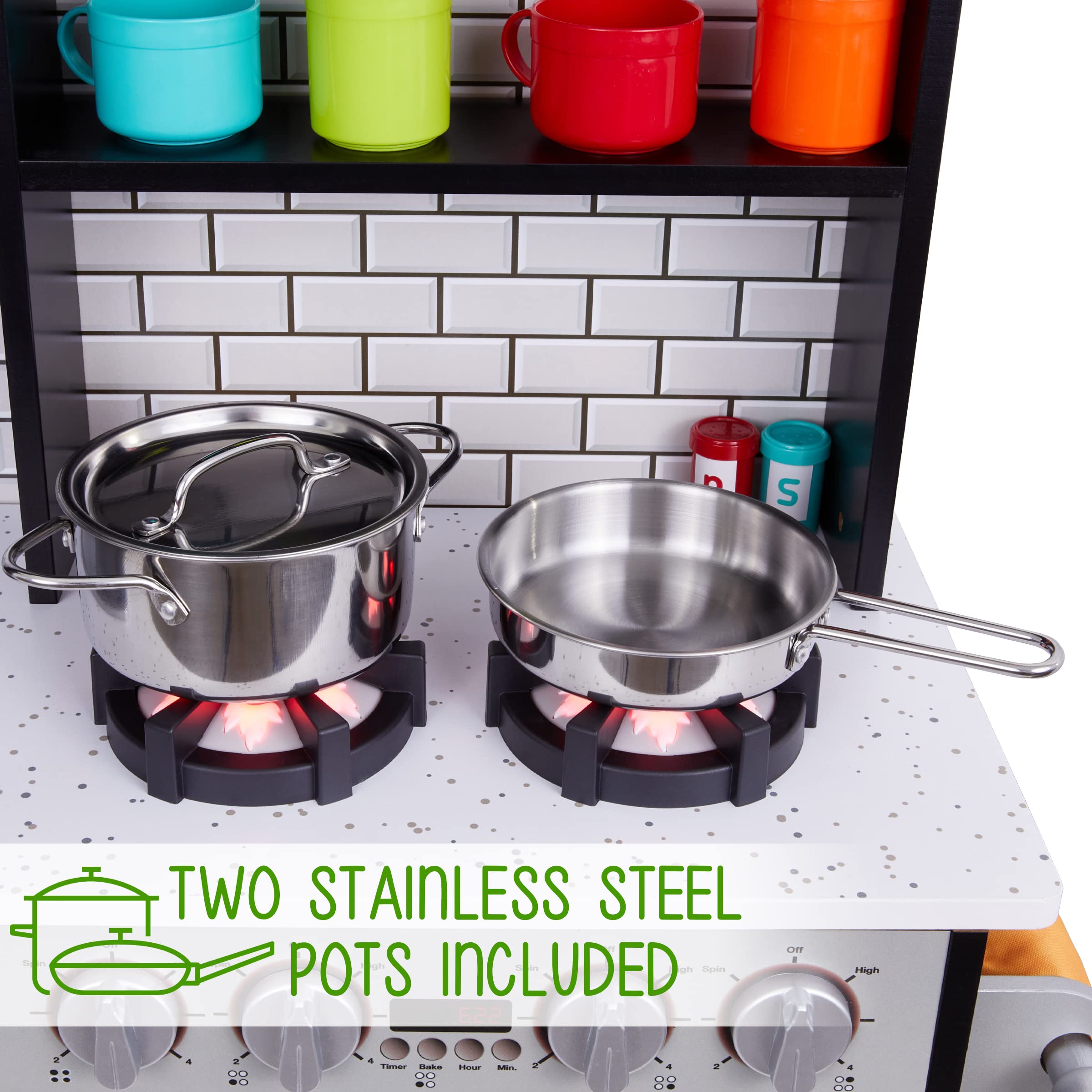 **Lil' Jumbl Kids Wooden Play Kitchen Set with Realistic Sounds & Lights - Battery Operated Icemaker, Burners, Faucet & Microwave - Includes Pots & Pans - Charcoal - Perfect for Pretend Play & Early Learning**