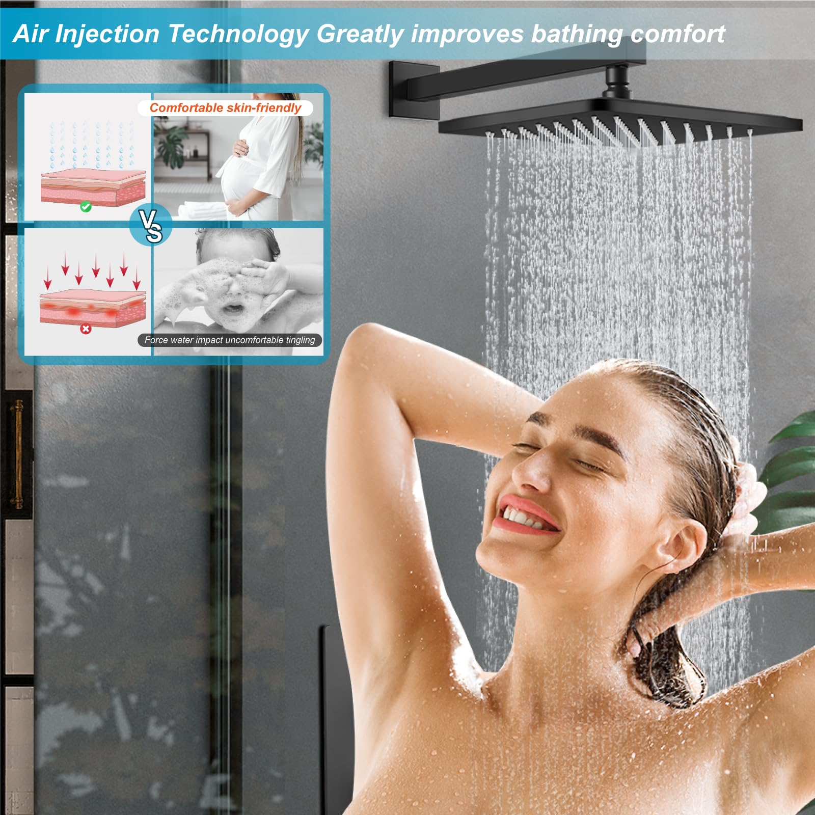 Premium Matte Black Tub and Shower Faucet Set - 8 Inch Wall Mounted Rain Shower System with High Pressure Shower Head, Tub Spout & Rough-in Mixer Valve - Perfect for Modern Bathroom Renovation and Spa-Like Shower Experience