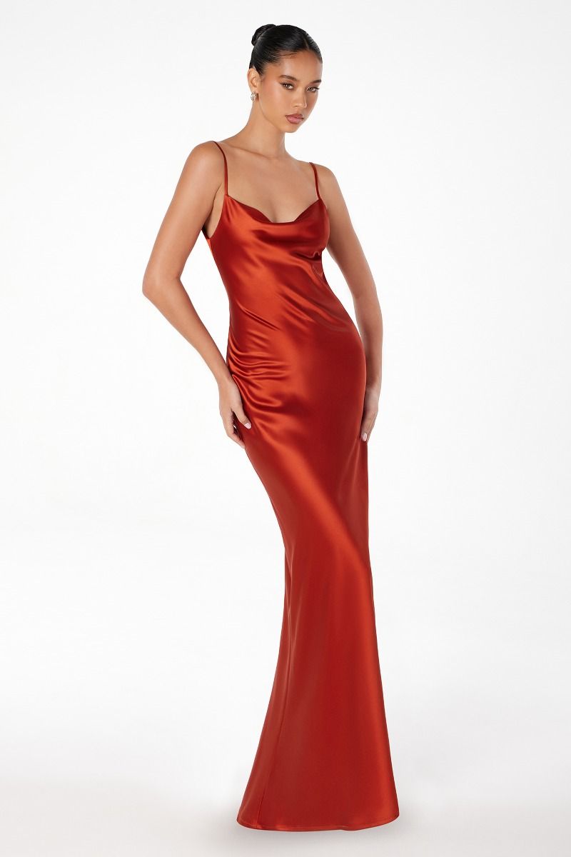 Lina Maxi Dress - Cowl Neck Front & Draped Back Fitted Satin Evening Gown for Women | Perfect for Weddings, Parties & Special Occasions