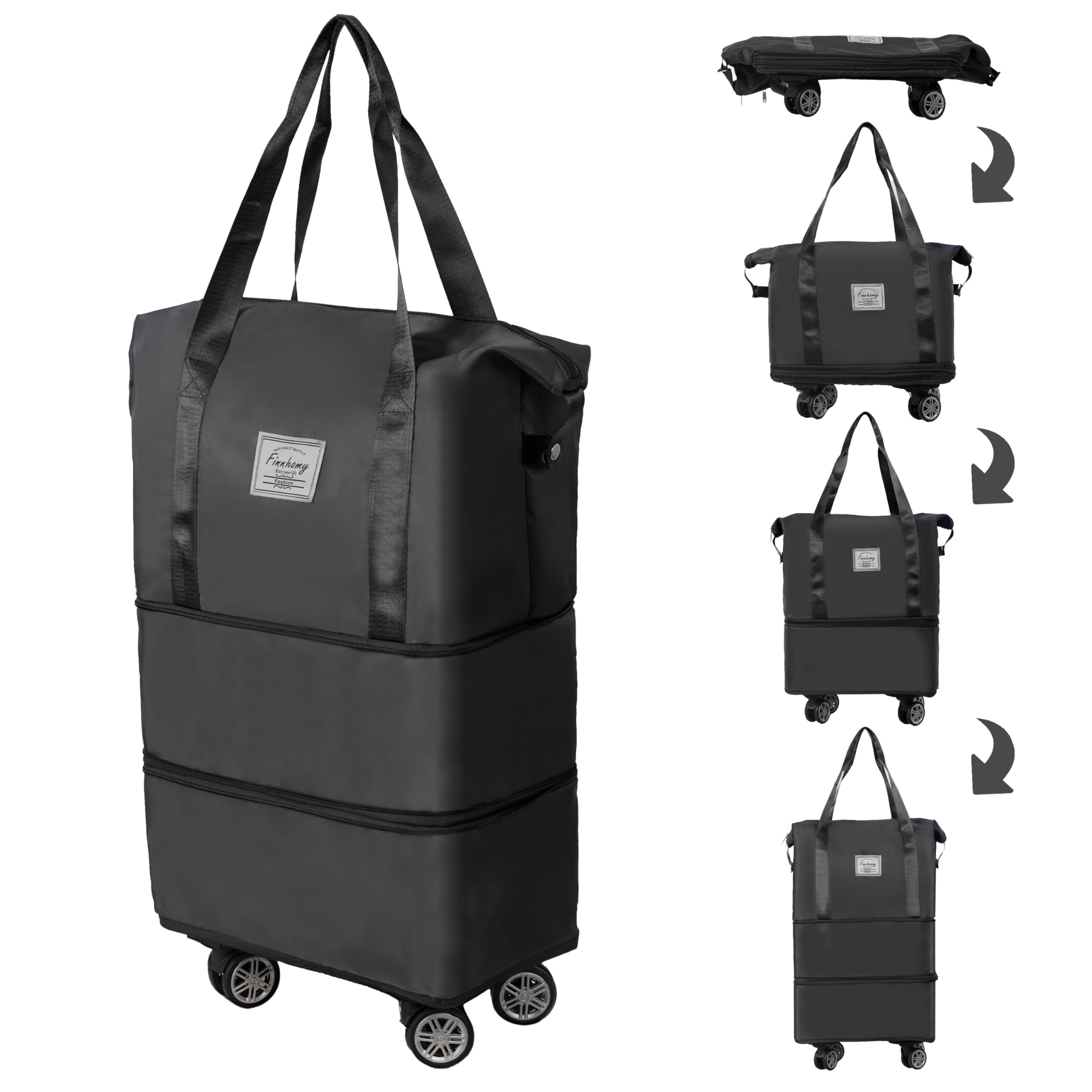 Finnhomy 50L Expandable Rolling Duffel Bag with Wheels - Foldable Carry On Luggage for Travel, Shopping & Outdoor Activities - Detachable Wheel Duffel Bag - Perfect for Airplane, Gym, Camping & Weekend Getaways (Black)