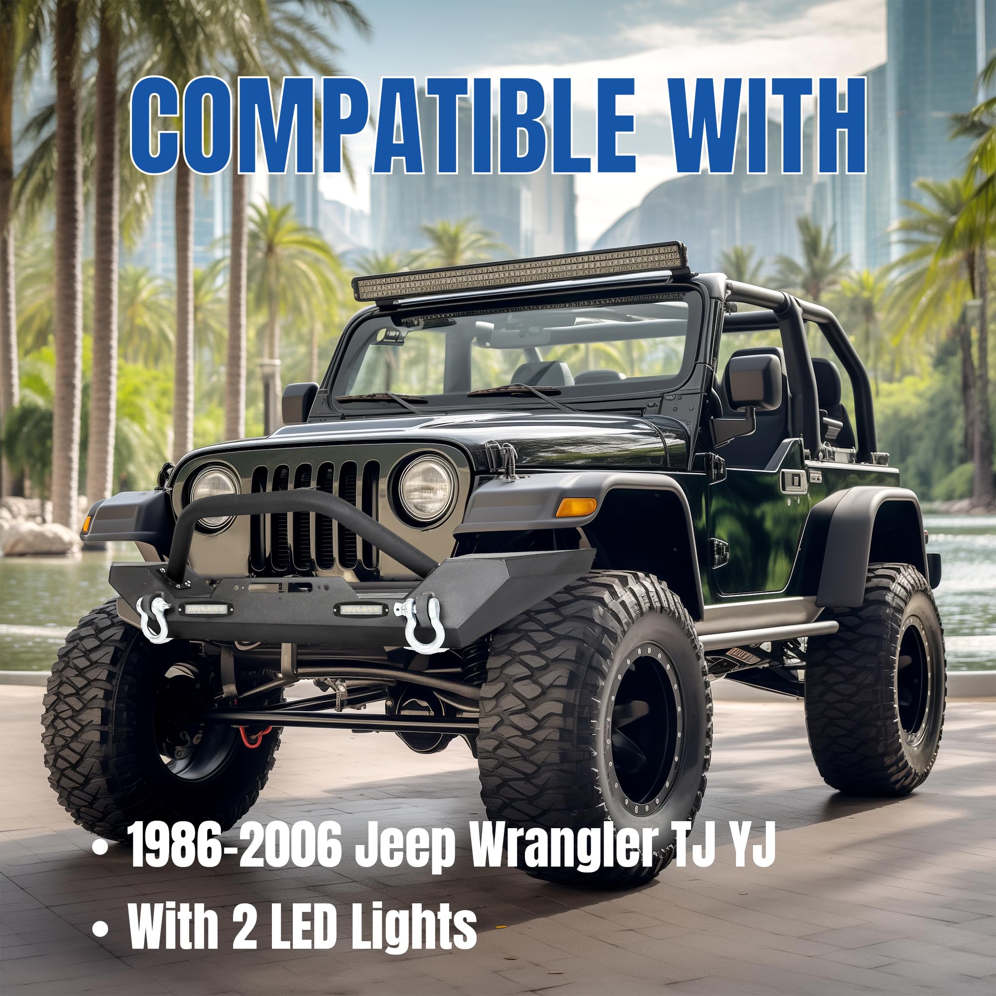 KUAFU Black Front Winch Bumper with D-Rings & 2 LED Lights for 1986-2006 Jeep Wrangler TJ YJ | Off-Road Adventure & Heavy-Duty Towing Accessory
